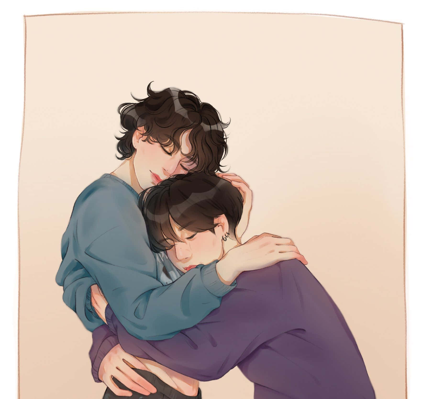 Hugging 桌布 壁紙 — 兩位動漫風格的年輕男子在柔和的米色背景前溫柔擁抱，傳達出安靜的親密與溫暖。