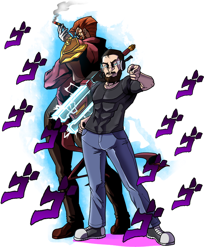 Jojo 桌布 壁紙 — 兩位動漫風格的戰士在充滿活力的藍色和紫色能量爆發背景下，用發光的武器交鋒。