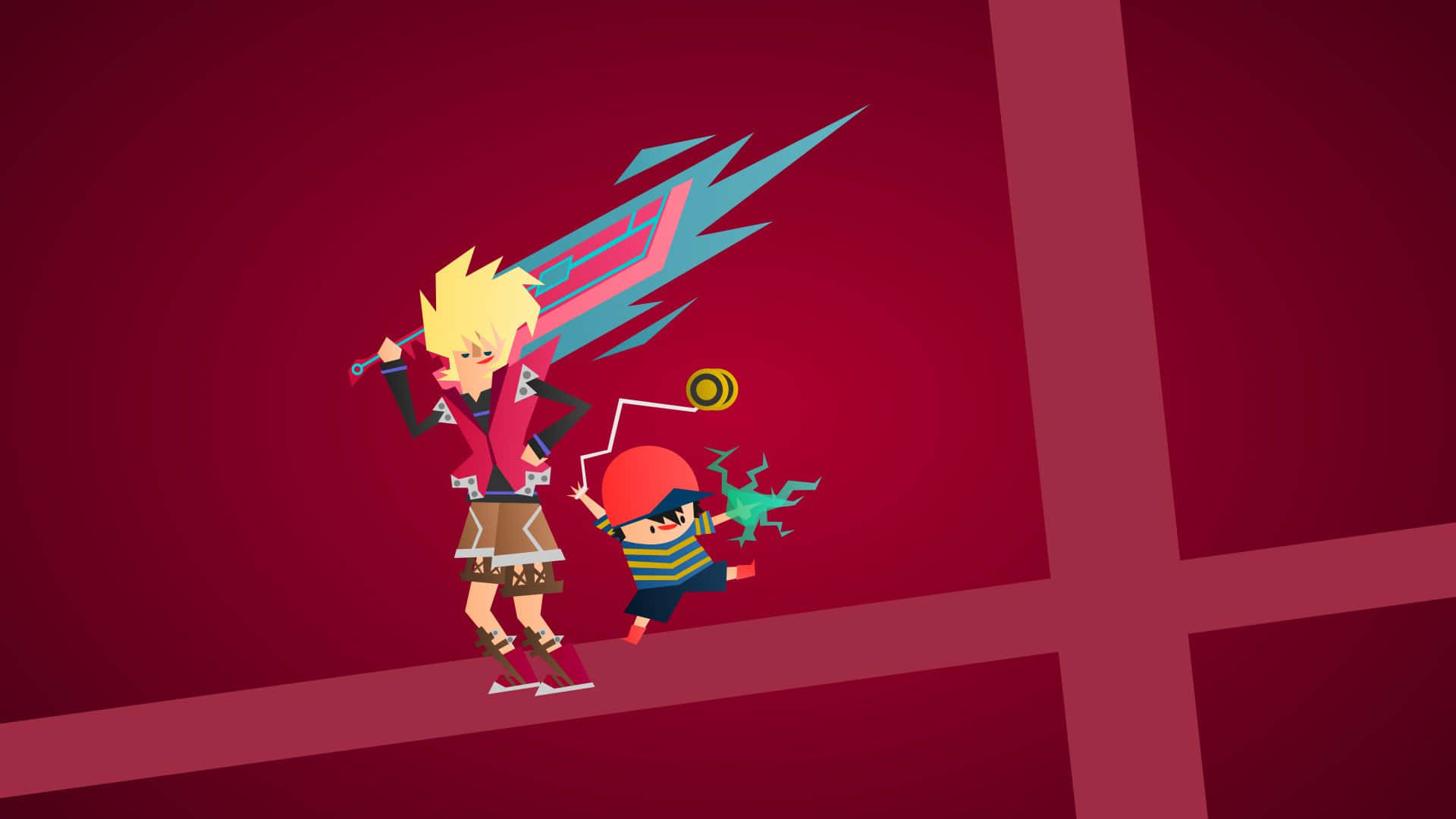 Earthbound 桌布 壁紙 — 兩位動漫風格的戰士在醒目的紅色背景上使用發光武器交鋒。