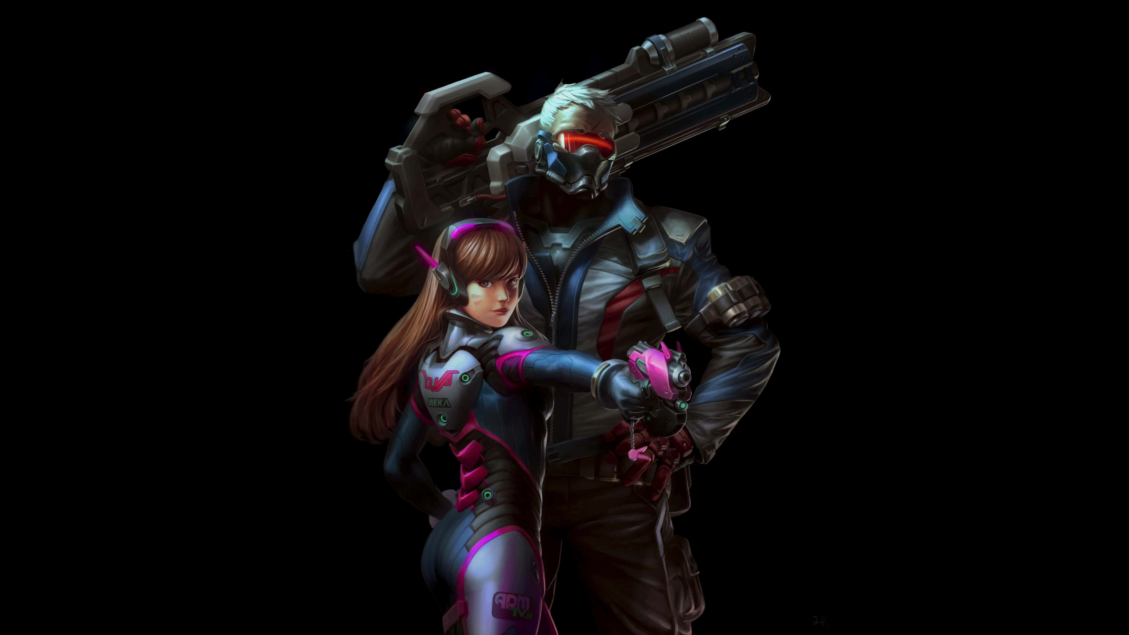 Soldier 76 桌布 壁紙 — 兩位動漫風格的戰士身穿未來裝甲，在純黑背景下蓄勢待發，準備戰鬥。