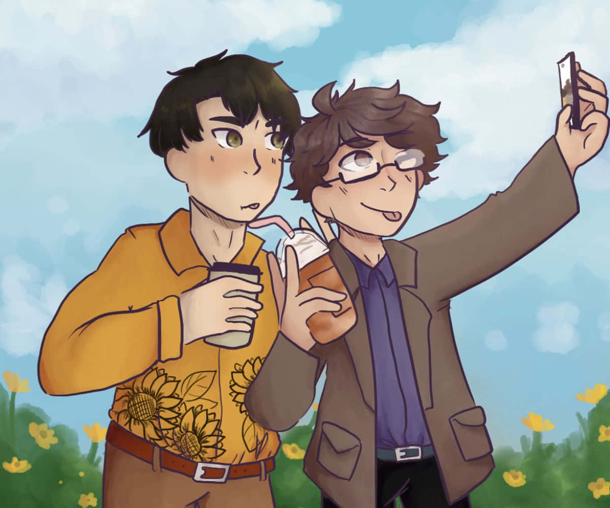 Ushijima Wakatoshi 桌布 壁紙 — 兩位動漫風格的朋友在晴朗的藍天下，在向日葵田裡自拍。