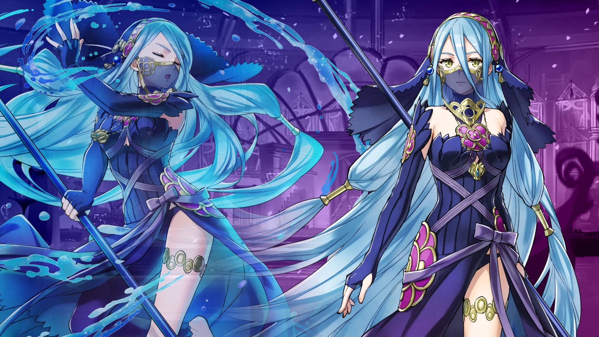 Fire Emblem 桌布 壁紙 — 兩位動漫風格的水元素戰士，擁有飄逸的藍色長髮和華麗的深色服裝，在紫色哥德式背景下，於旋轉的水效果中揮舞著法杖。