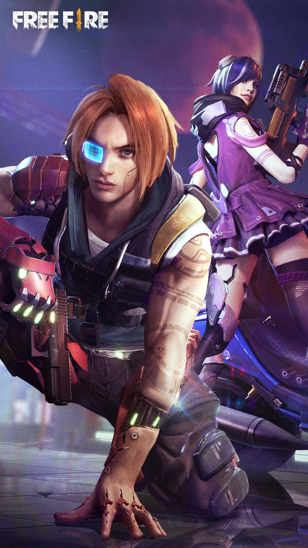 free fire 2021 桌布 壁紙 — 兩位動漫風格的玩家身穿未來裝備，在霓虹燈下蹲伏準備戰鬥。