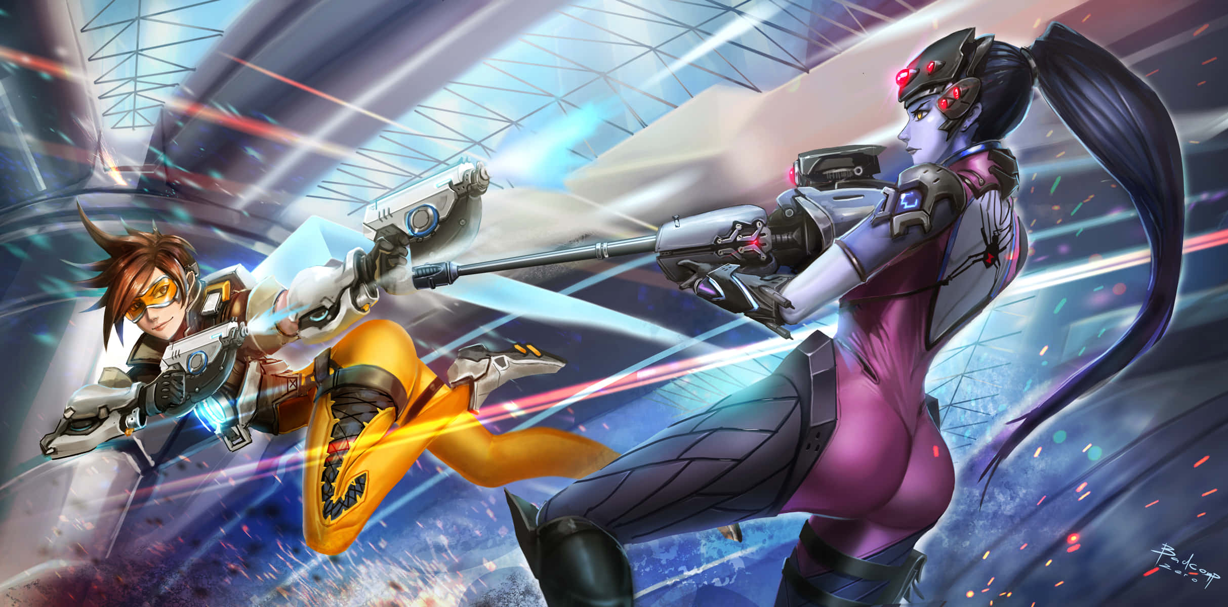 HD Overwatch 桌布 壁紙 — 兩位動漫風格的英雄在未來風格的競技場中，使用發光的能量武器和動態動作線條激烈交鋒。