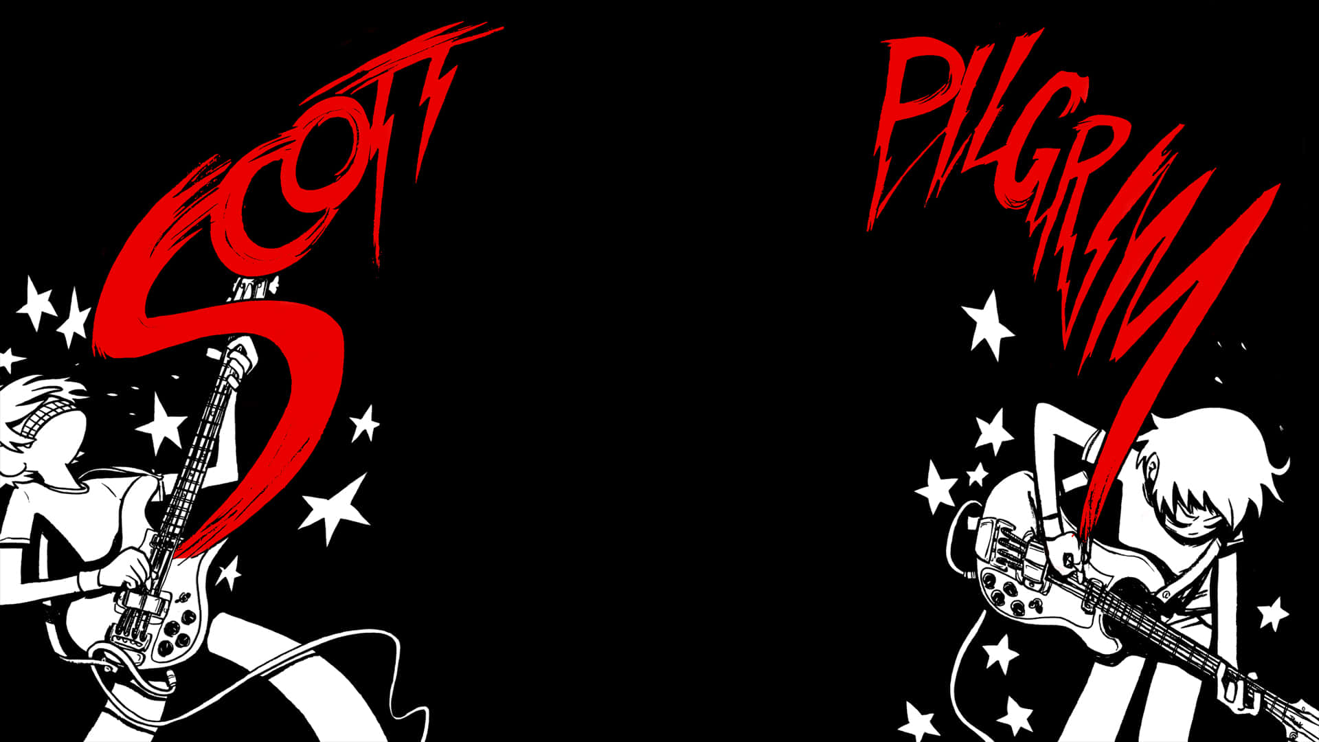 scott pilgrim 桌布 壁紙 — 兩位動漫風格的音樂家在黑色背景上彈奏電吉他，配有紅色風格化文字和白色星星。