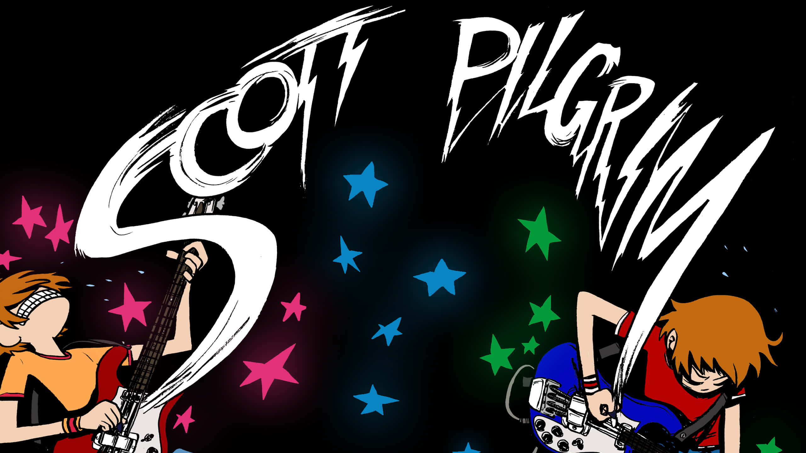 scott pilgim 桌布 壁紙 — 兩位動漫風格的音樂家在黑色背景上彈奏電吉他，背景有彩色星星和粗體白色風格文字。
