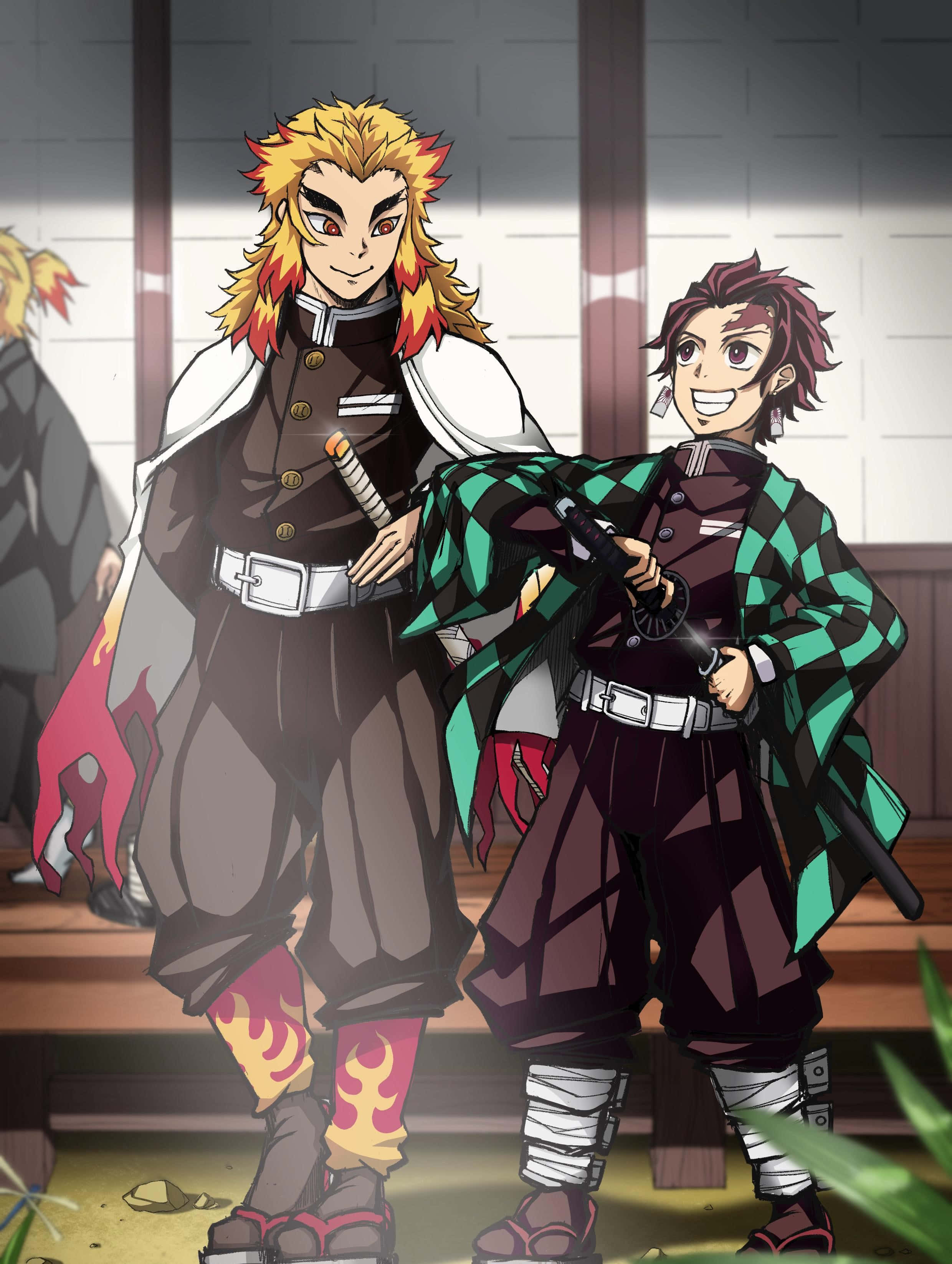 Rengoku And Tanjiro 桌布 壁紙 — 兩位動漫鬼殺隊士自信地站在傳統木造大廳中，陽光從窗戶灑入。
