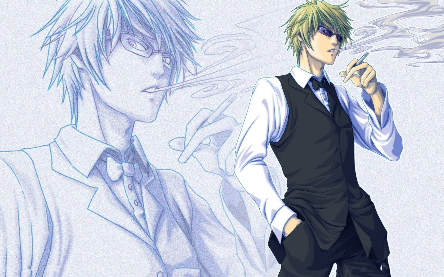 動漫男孩 桌布 壁紙 — 兩位動畫中的男性穿著正式服裝，在柔和的藍色背景和旋轉煙霧效果中抽煙。