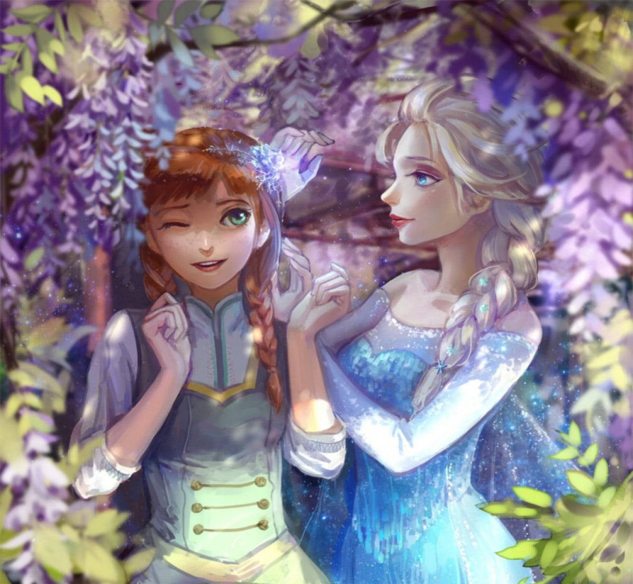 anna 桌布 壁紙 — 兩位動畫公主在散發著魔法閃光的紫色紫藤花華蓋下分享溫馨時刻。