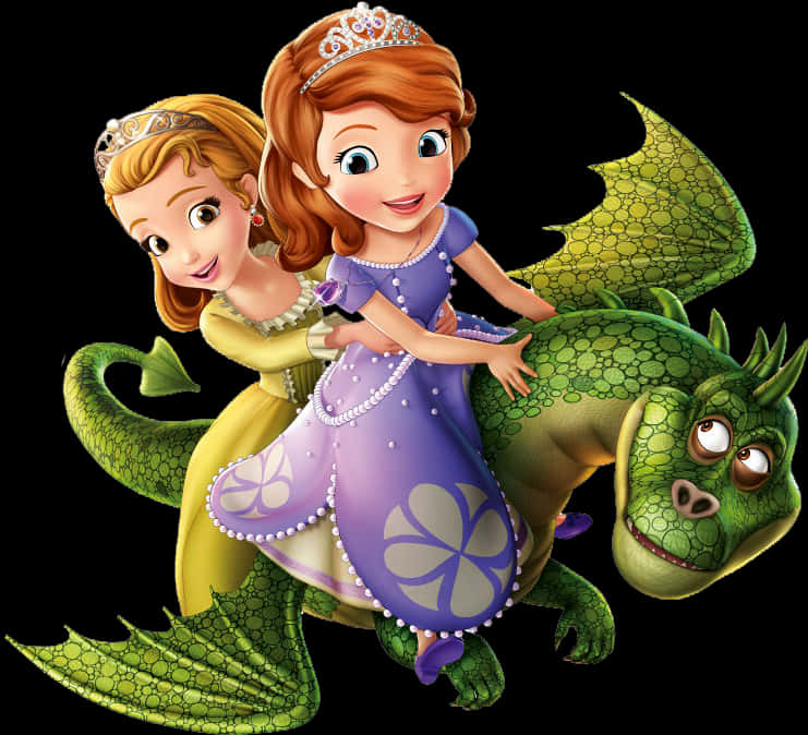 Sofia The First 桌布 壁紙 — 兩位動畫公主在黑色背景前開心地騎著一條友善的綠色龍。