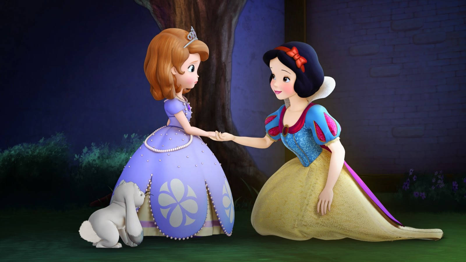 Princess 桌布 壁紙 — 兩位動畫公主穿著皇家禮服在夜晚的樹下牽手，旁邊有一隻白色小狗。