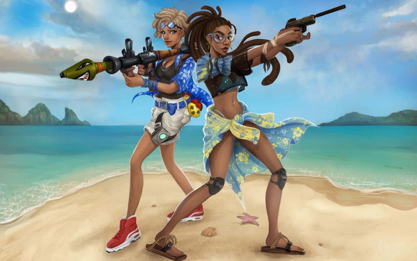 Fortnite 桌布 壁紙 — 兩位動畫女性戰士穿著沙灘裝，在熱帶海岸上瞄準未來武器，背景有碧綠海水和遠處島嶼。