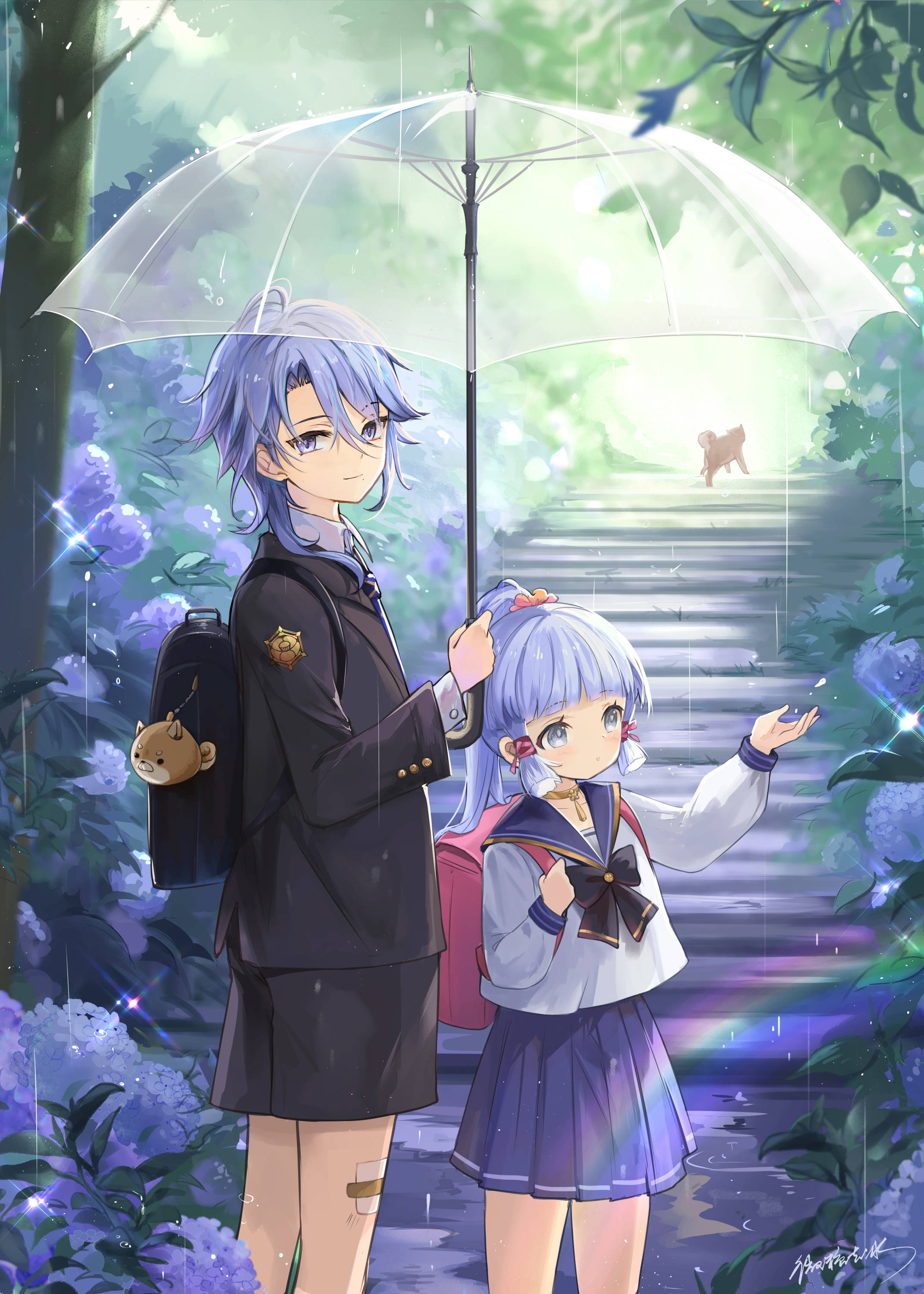 ayato 桌布 壁紙 — 兩位動畫學生在溫柔的雨中，在發光的紫色繡球花和迷霧森林樓梯中共享一把透明雨傘。