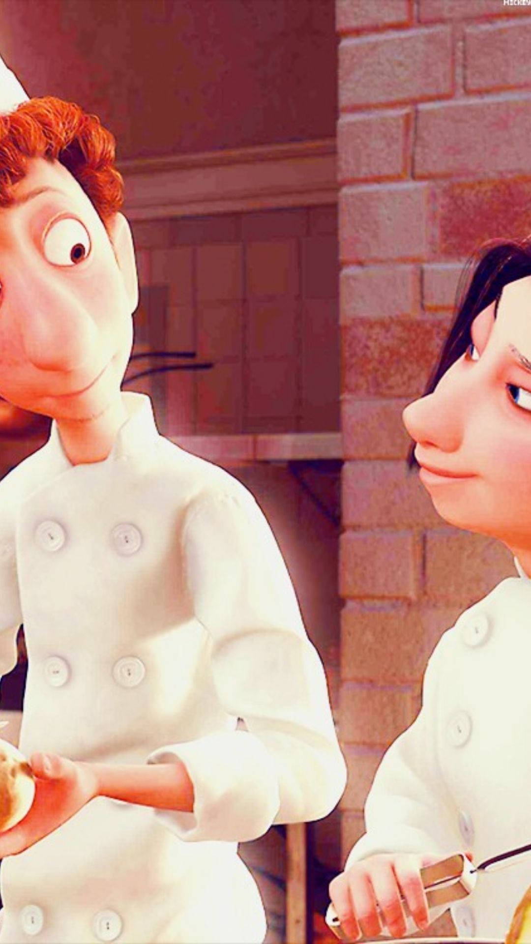 Ratatouille 桌布 壁紙 — 兩位動畫廚師身穿白色制服，在磚牆廚房中共度溫馨時刻。