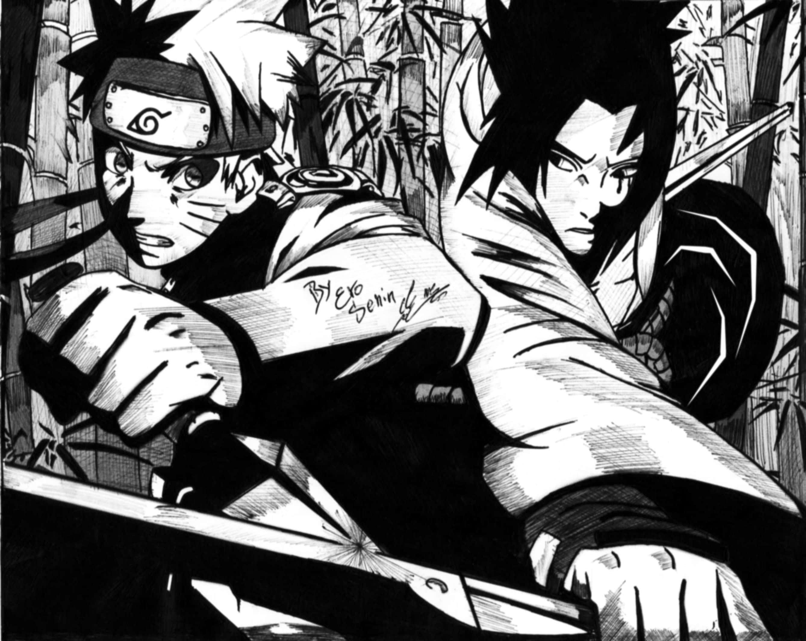 Naruto Black And White 桌布 壁紙 — 兩位動畫忍者戰士在一片緊張的竹林戰鬥中交鋒，以高對比度的黑白墨水呈現。
