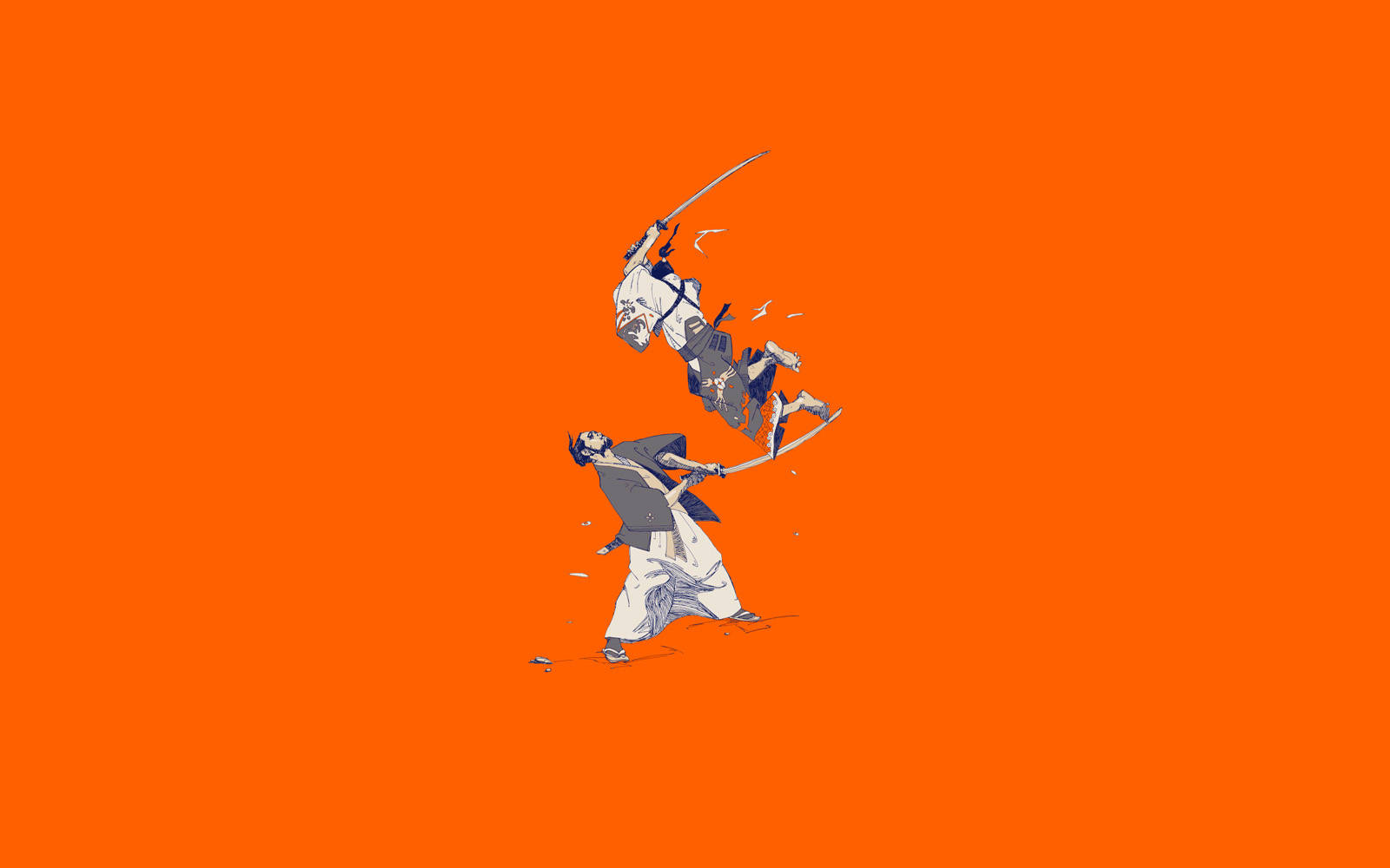 桌布 壁紙 — 兩位動畫武士在半空中碰撞，背景為純橙色，帶有動態運動線條。