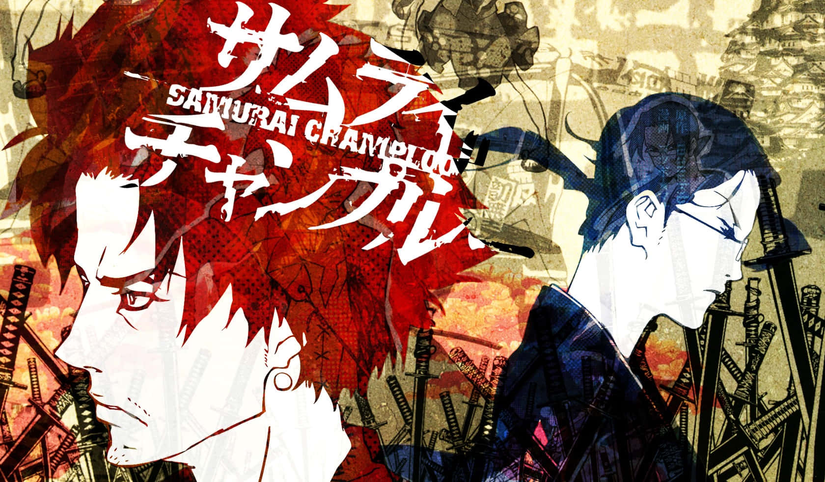 Samurai Champloo 桌布 壁紙 — 兩位動畫武士戰士在帶有日文字句和劍圖案的熾熱紅橙色背景下對峙。