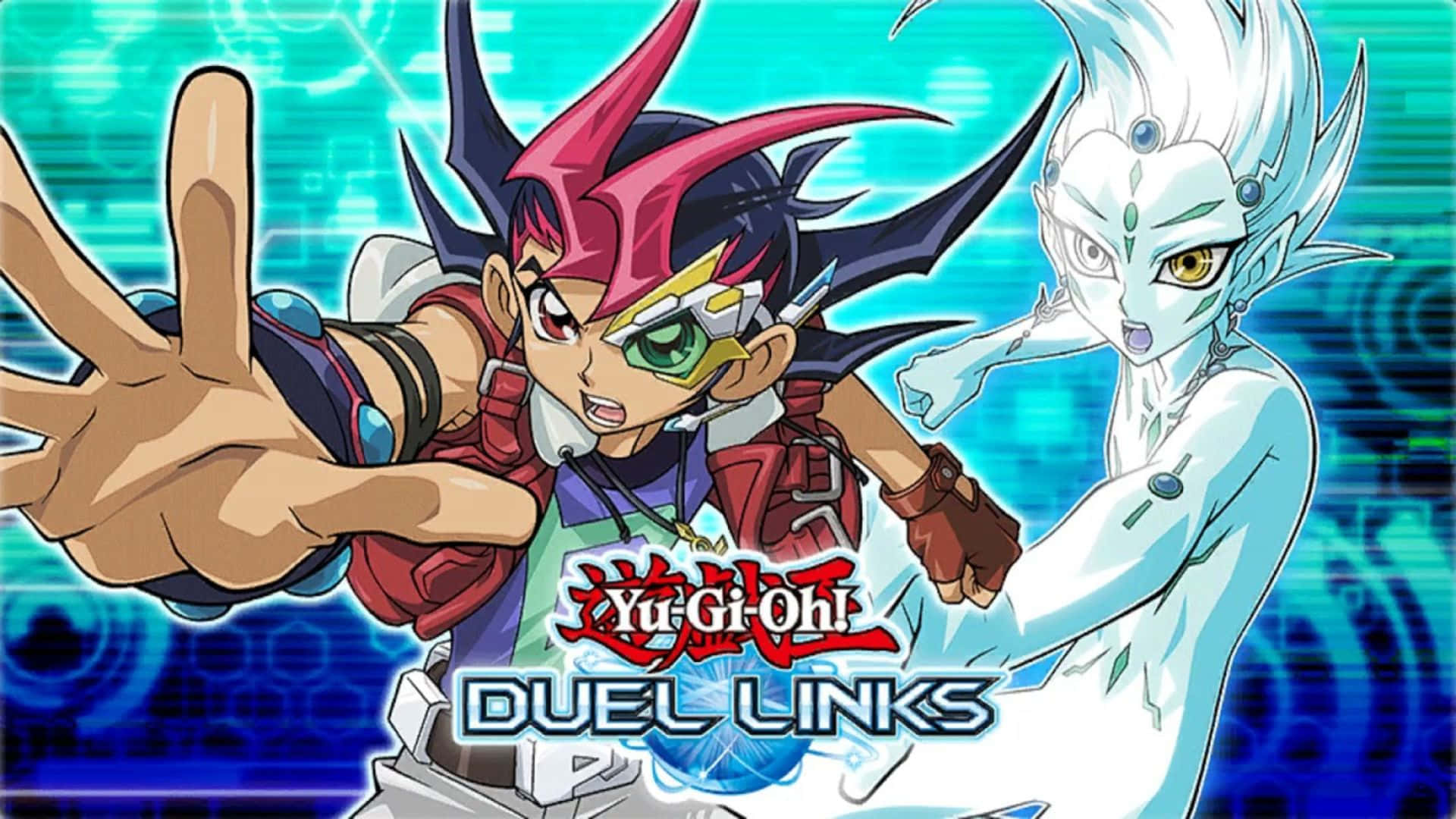 Yu-gi-oh Astral 桌布 壁紙 — 兩位動畫決鬥者以動態姿勢站在發光的數位背景前，背景上有遊戲標題文字。