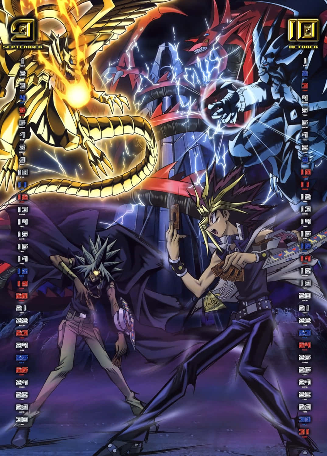 The Winged Dragon Of Ra 桌布 壁紙 — 兩位動畫決鬥者在充滿電能的暗紫色競技場中與發光的龍戰鬥。