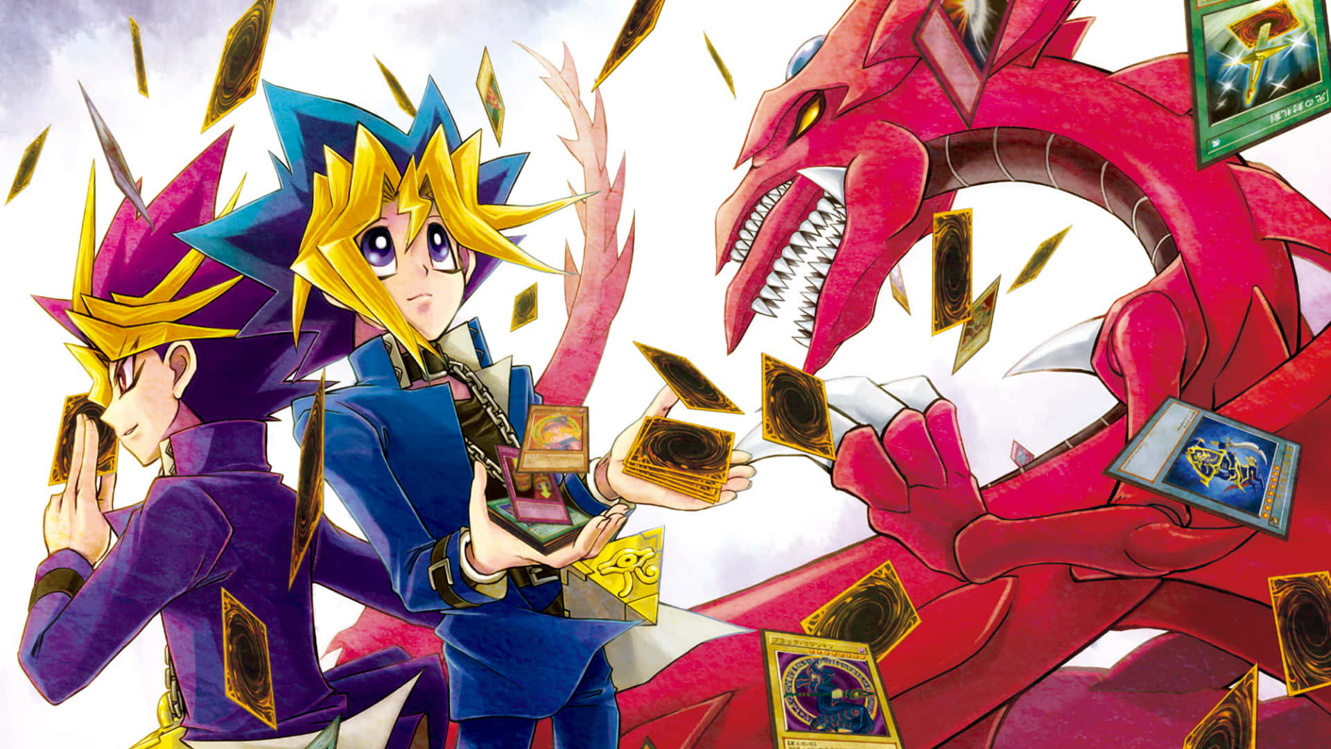 Yami Yugi 桌布 壁紙 — 兩位動畫決鬥者與一條紅龍戰鬥，交易卡在他們周圍爆炸，形成一個動態的奇幻場景。