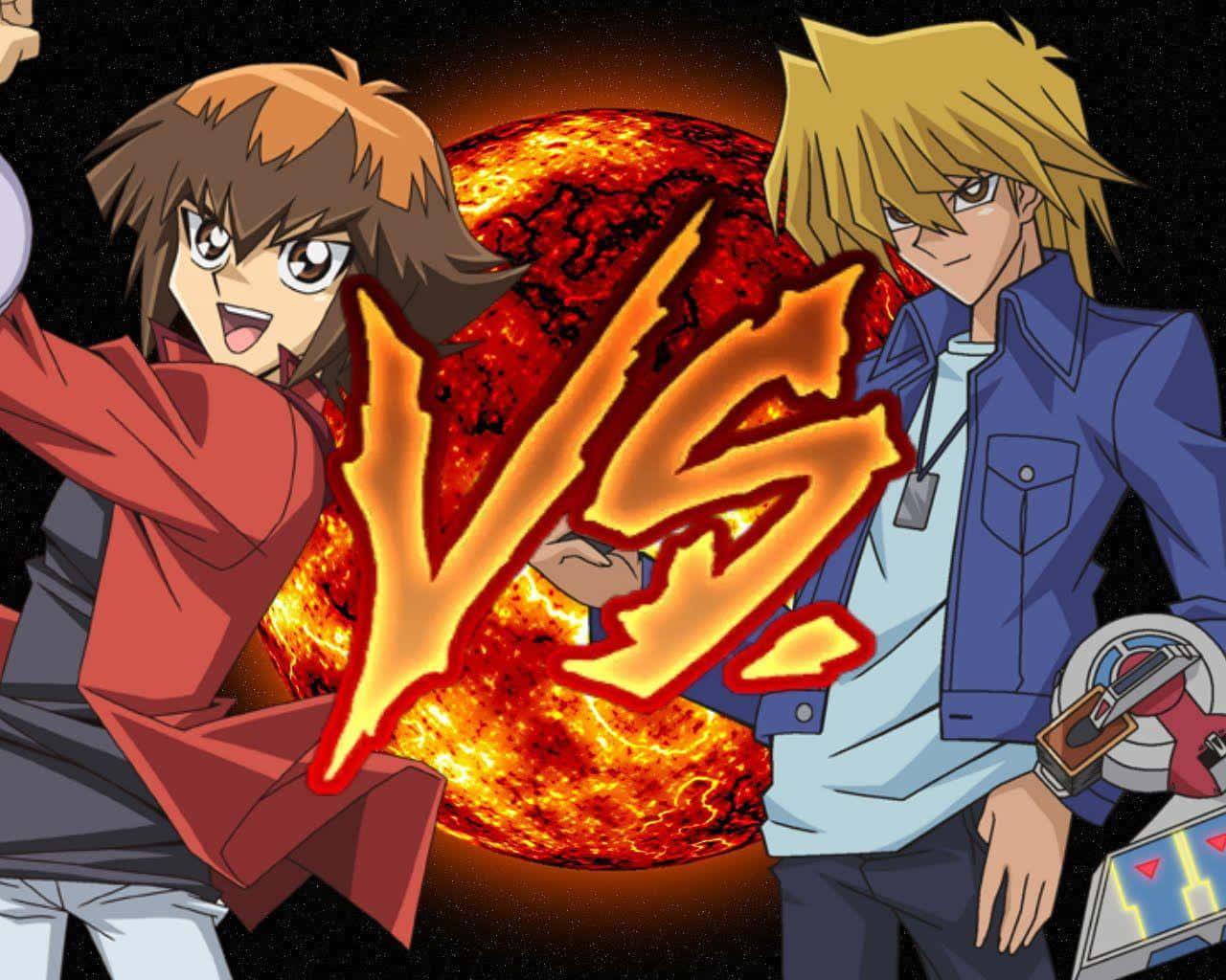 Joey Wheeler 桌布 壁紙 — 兩位動畫決鬥者面對面，帶有熾熱的「VS」文字，背景是熾熱的紅色星球。