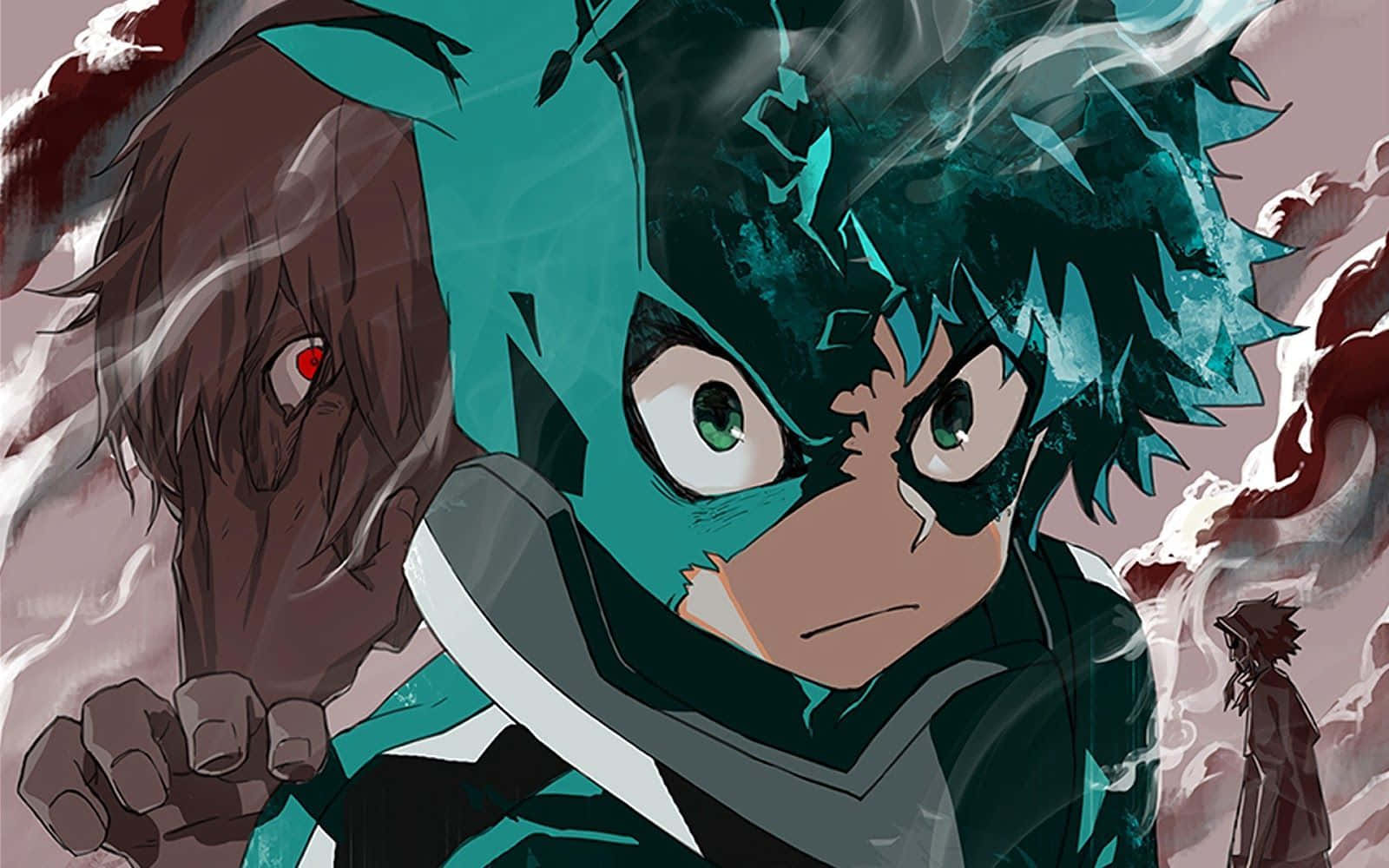 My Hero Academia Deku 桌布 壁紙 — 兩位動畫英雄在暴風雨背景下，伴隨著煙霧和激烈表情展開戲劇性對決。