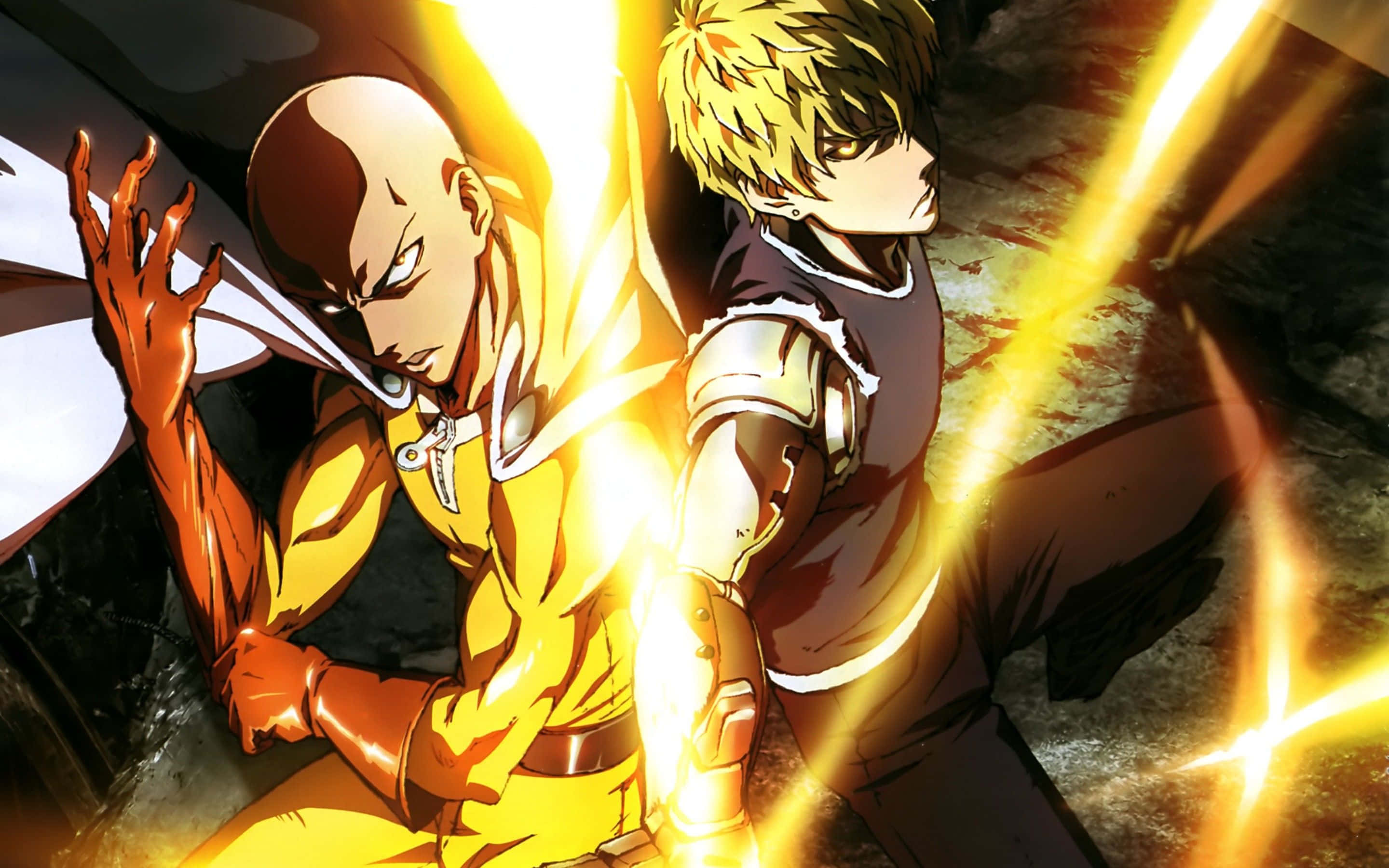 One Punch Man Season 2 桌布 壁紙 — 兩位動畫英雄在黑暗粗糙的背景中激烈交戰，手中迸發出熾熱的能量光束。