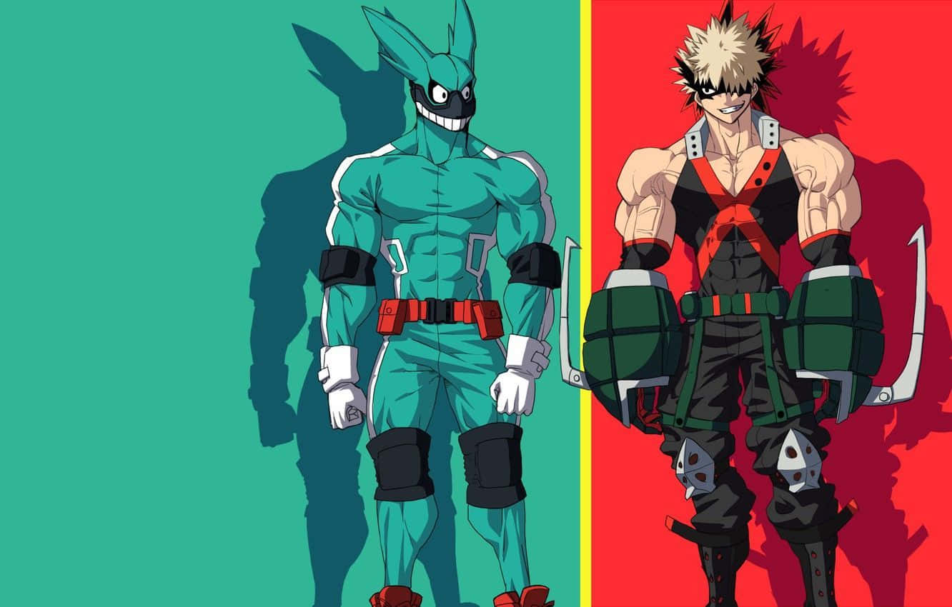 katsuki bakugo 桌布 壁紙 — 兩位動畫英雄背光站立，背景為青綠色和紅色，帶有戲劇性的陰影。