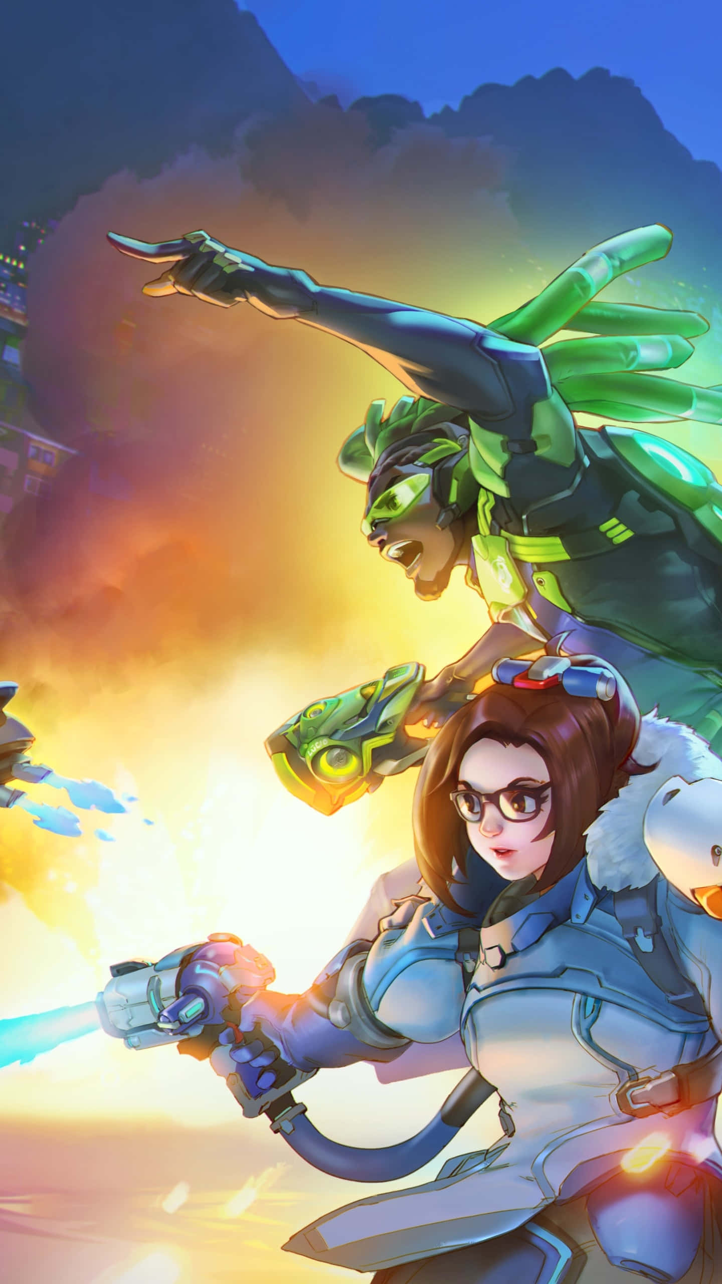 Overwatch 桌布 壁紙 — 兩位動畫英雄身穿未來裝備，在戲劇性的暮色天空下，於熾熱的爆炸中戰鬥。
