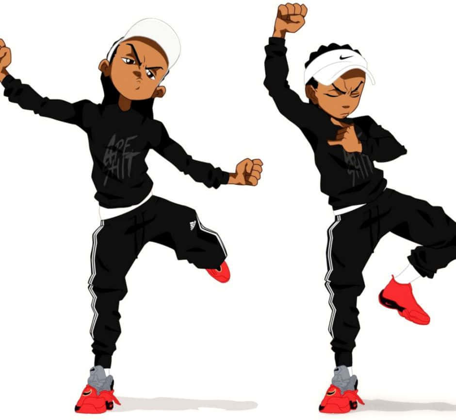 Boondocks 桌布 壁紙 — 兩位動畫街頭舞者身穿黑色運動服和紅色運動鞋，在純白色背景前擺出動感姿勢。
