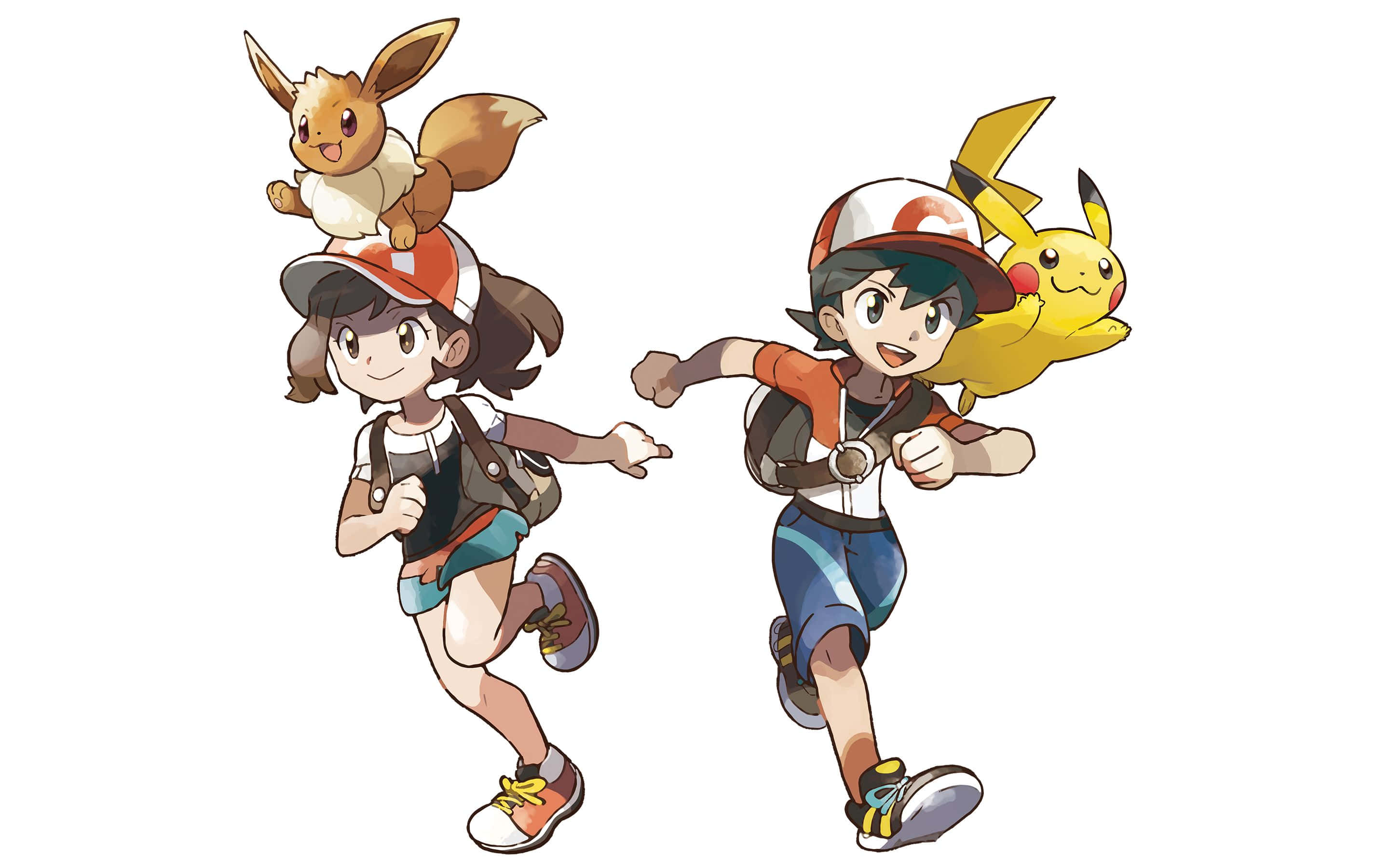 Cute Pikachu And Eevee 桌布 壁紙 — 兩位動畫訓練員向前衝刺，一人頭上有伊布，另一人身旁有皮卡丘，背景為純白色。