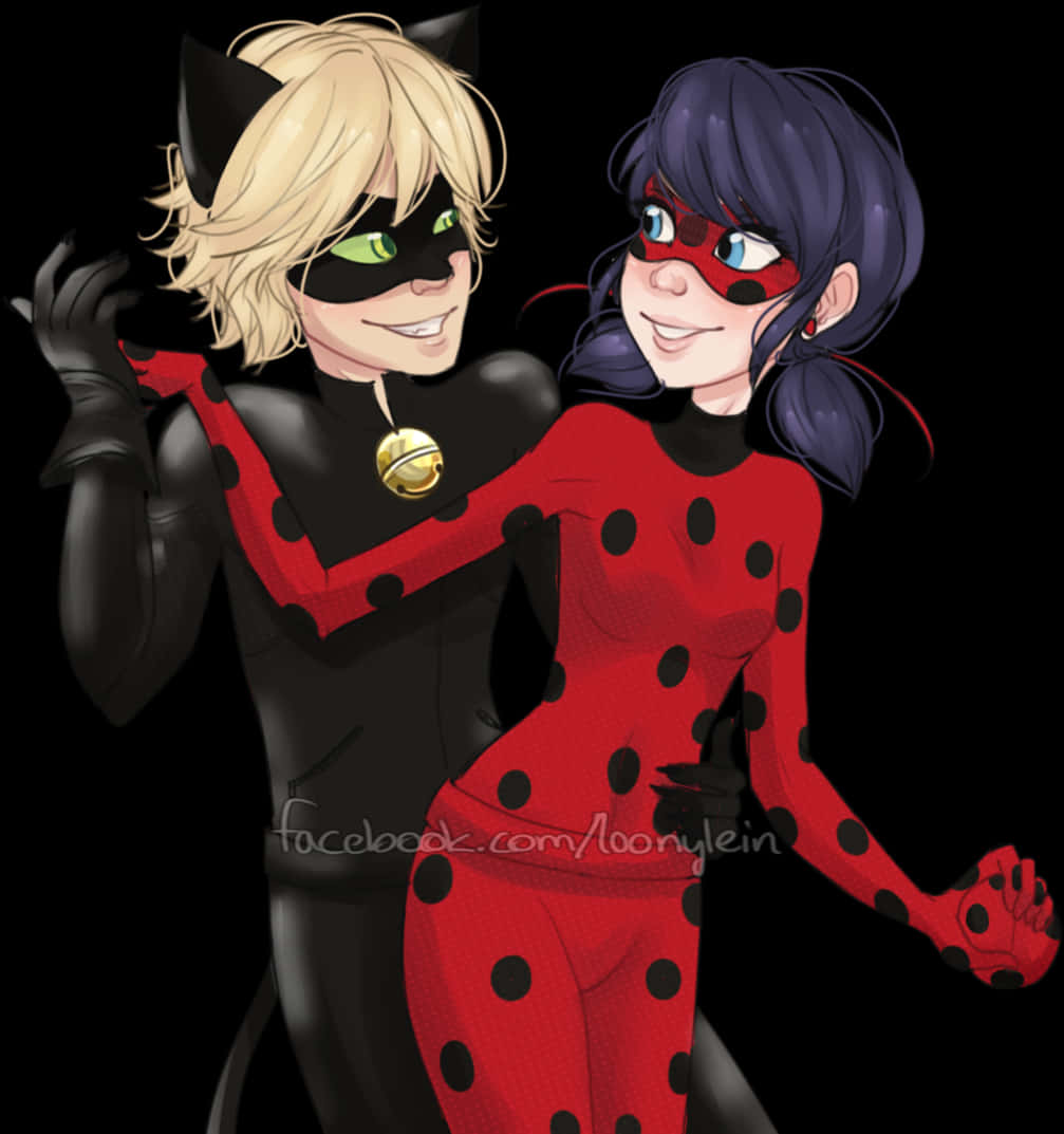 瓢蟲少女 桌布 壁紙 — 兩位動畫超級英雄穿著紅黑圓點套裝，在深色背景下溫暖微笑。
