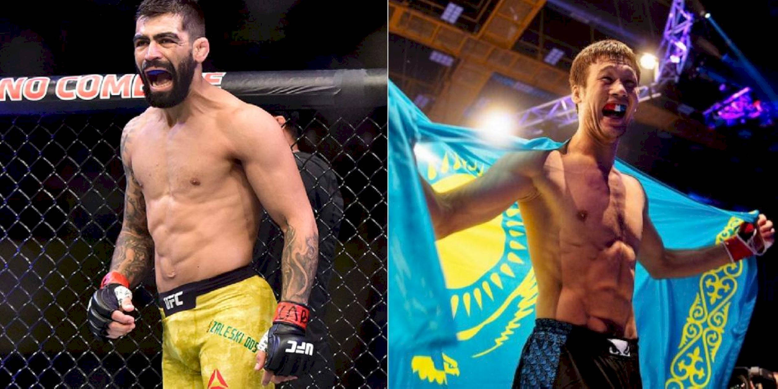 UFC 桌布 壁紙 — 兩位勝利的MMA拳手在八角籠中慶祝勝利，一位握拳怒吼，另一位在場館燈光下高舉國旗。