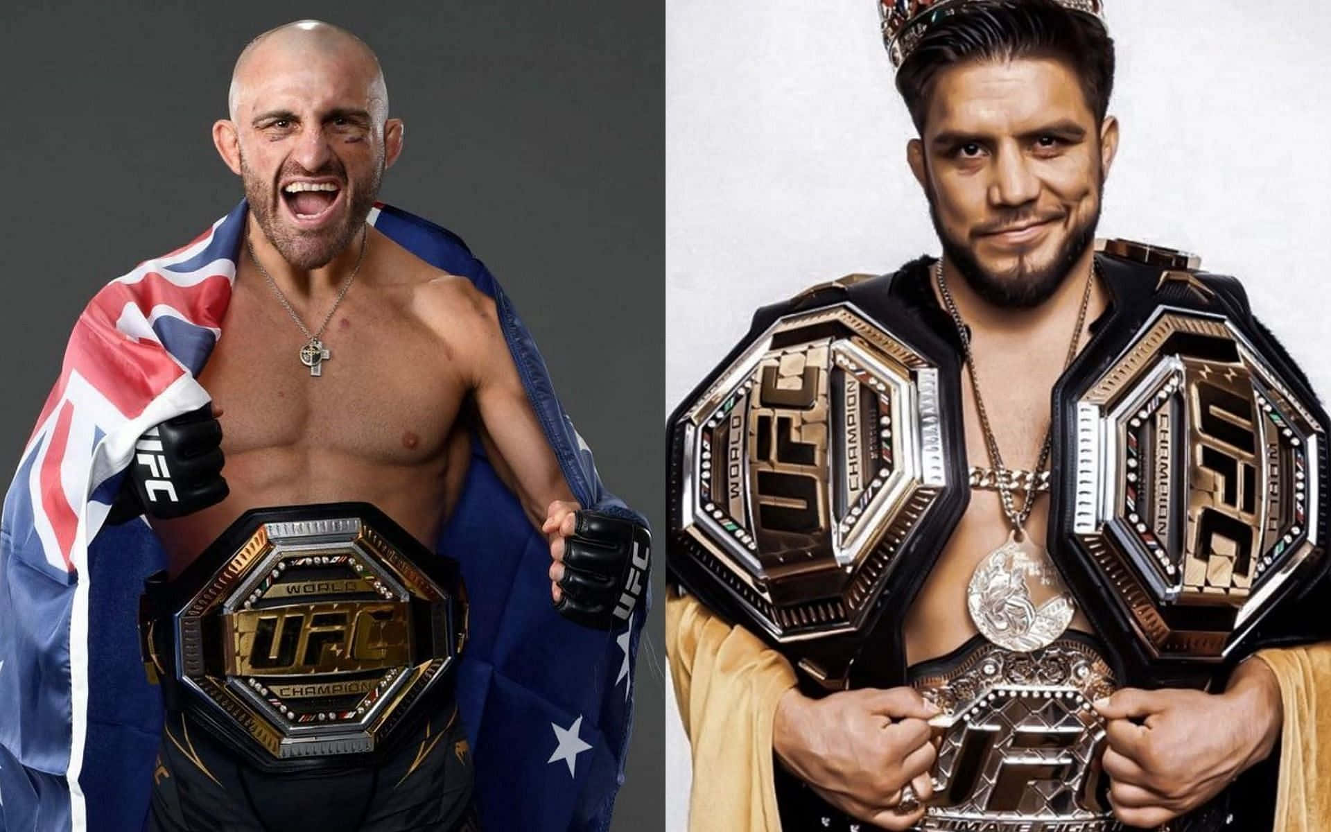UFC 桌布 壁紙 — 兩位勝利的UFC拳手與冠軍腰帶合影，一位披著英國國旗，另一位戴著皇冠並持有兩條腰帶。