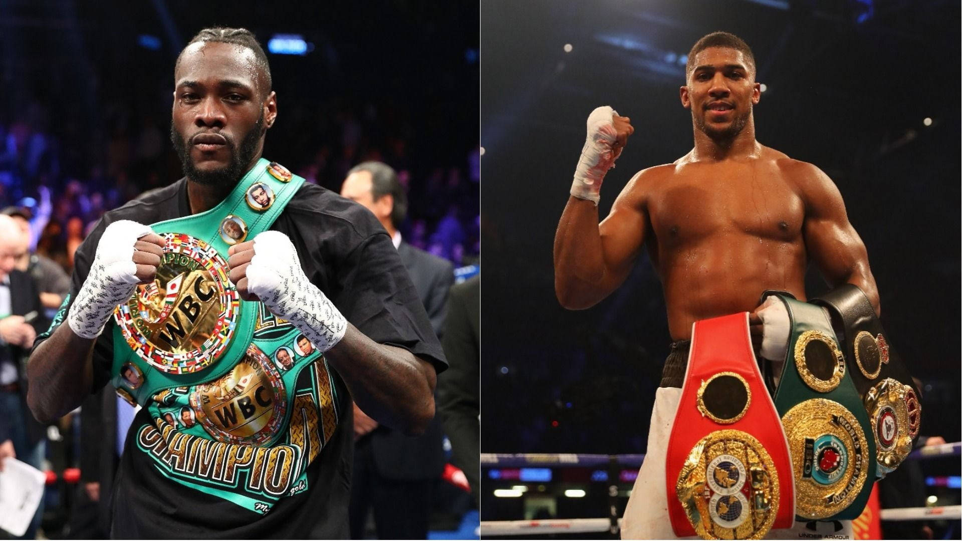 Anthony Joshua 桌布 壁紙 — 兩位勝利的拳擊手在明亮的場館燈光下，背景有歡呼的人群，自豪地展示他們的冠軍腰帶。