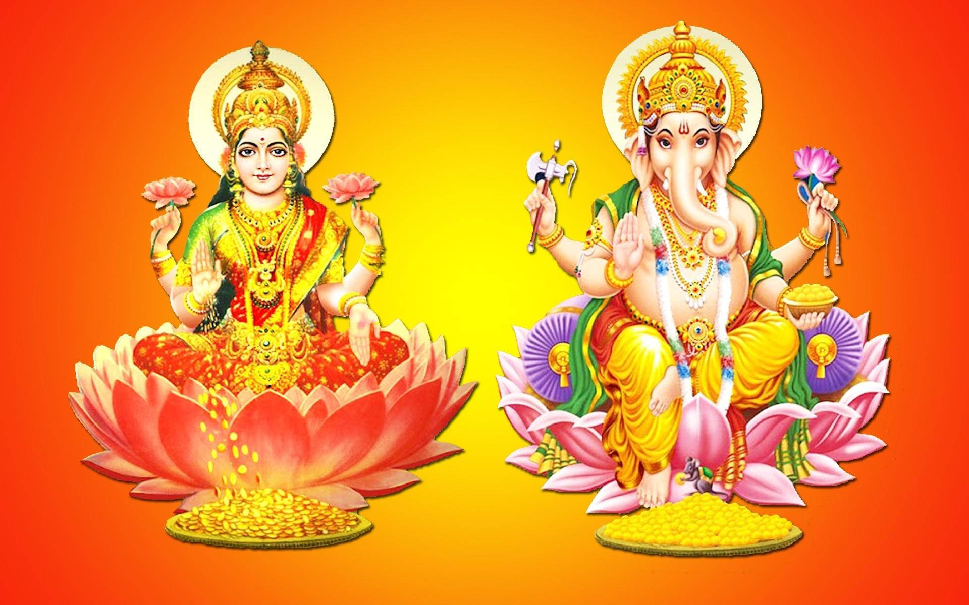 Lakshmi 桌布 壁紙 — 兩位印度教神祇拉克什米和象頭神坐在蓮花上，背景是耀眼的橙黃漸變色。