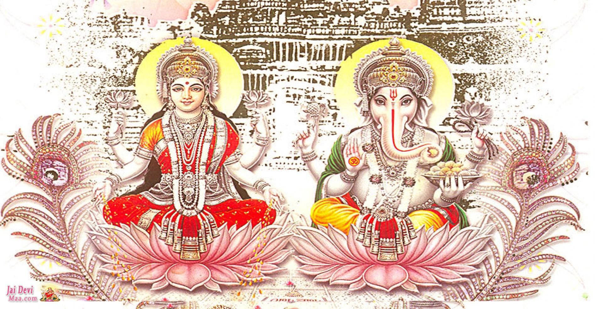 Indian 桌布 壁紙 — 兩位印度教神祇端坐在粉紅色蓮花上，蓮花飾有孔雀羽毛，背景帶有紋理。