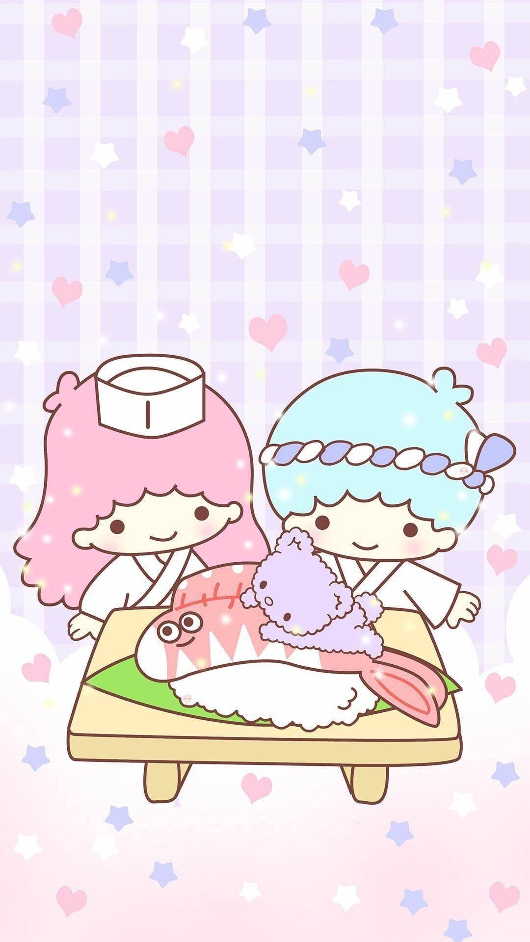 Twin 桌布 壁紙 — 兩位可愛的動漫廚師在粉彩格紋背景前，用木托盤端上微笑的魚壽司，背景有愛心和星星。