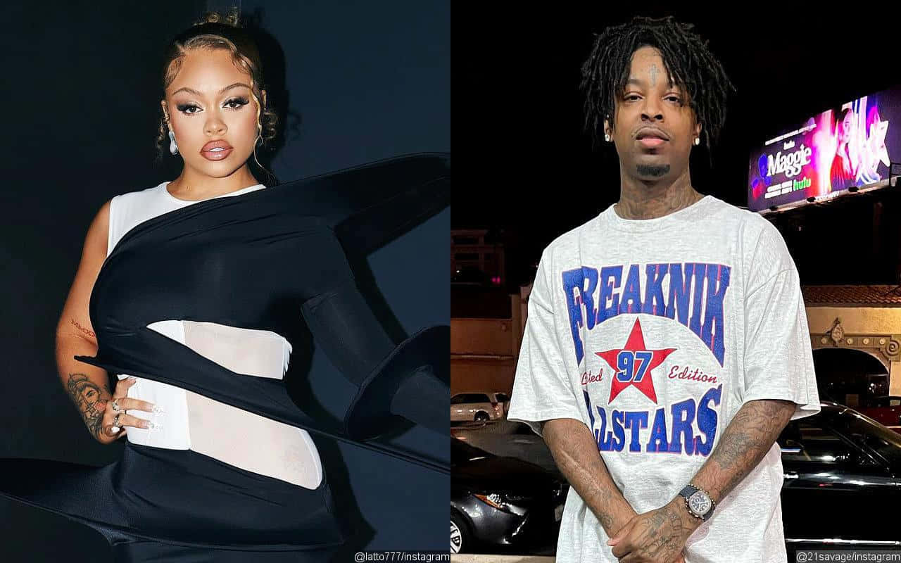 21 Savage 桌布 壁紙 — 兩位名人的分割肖像，一位穿著大膽的黑白連衣裙，背景為深色，另一位穿著圖案T恤，夜晚站在燈火通明的城市環境中。