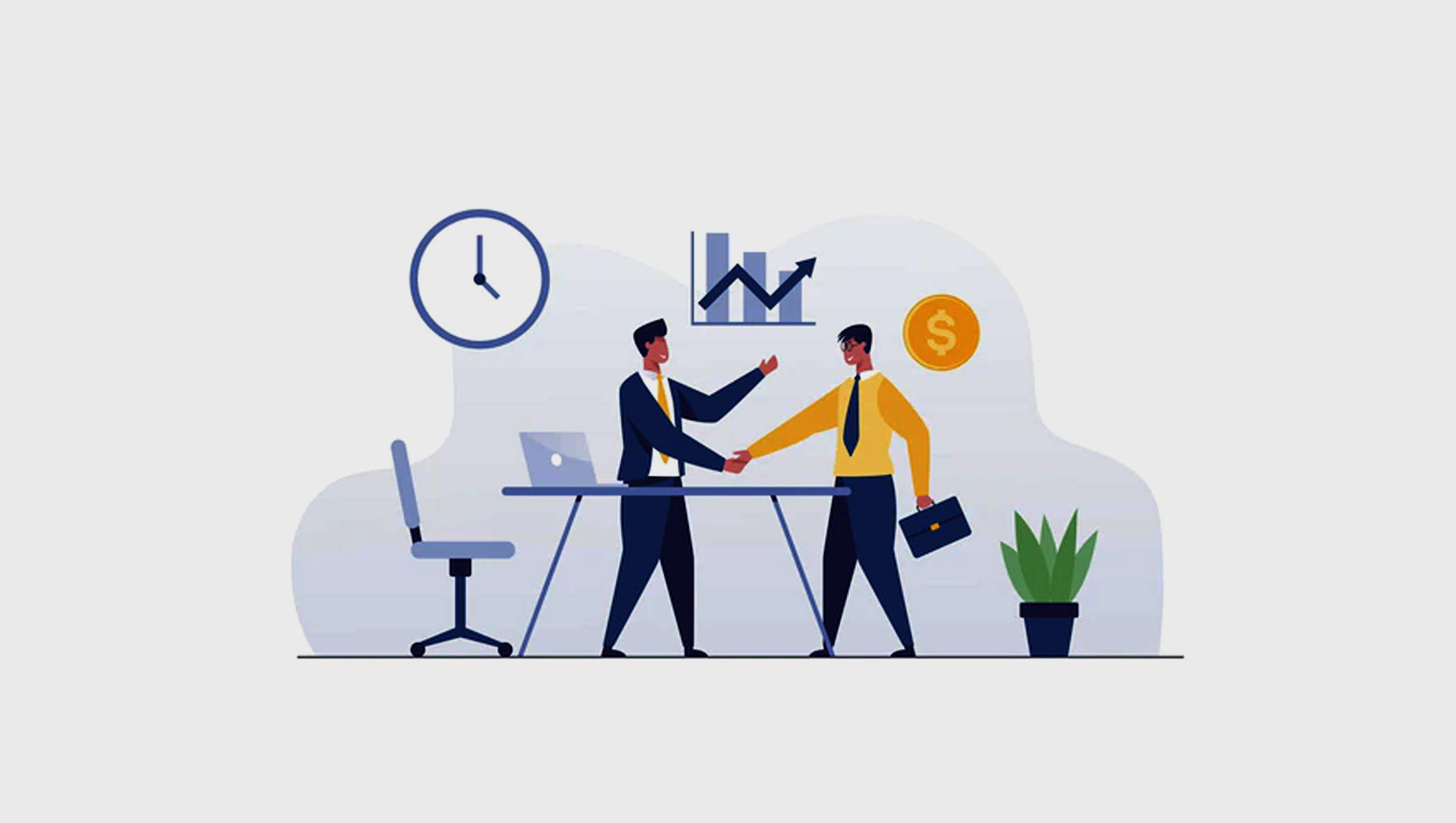 Teamwork 桌布 壁紙 — 兩位商人在有時鐘、圖表、金錢和植物的辦公桌上握手。