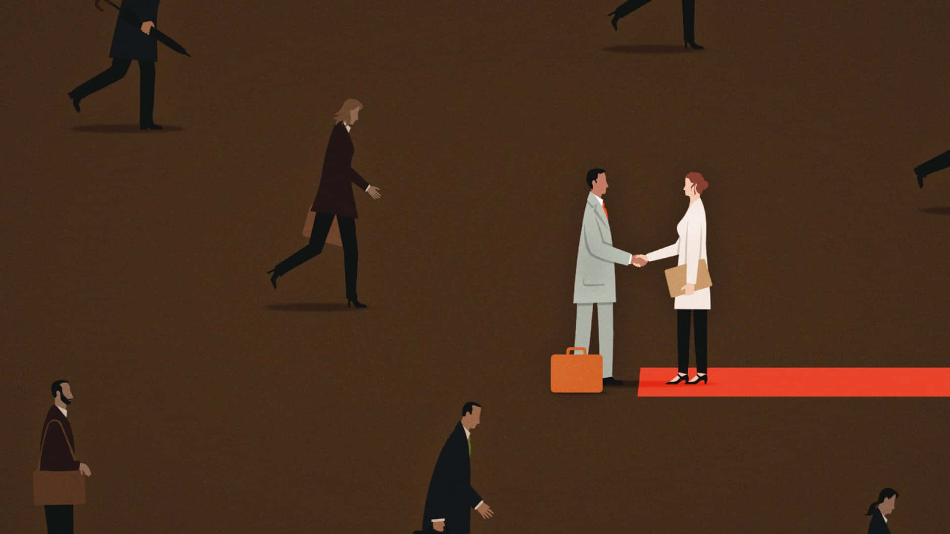 商業 桌布 壁紙 — 兩位商務人士在紅地毯上握手，其他人則在極簡插圖場景中匆匆走過。