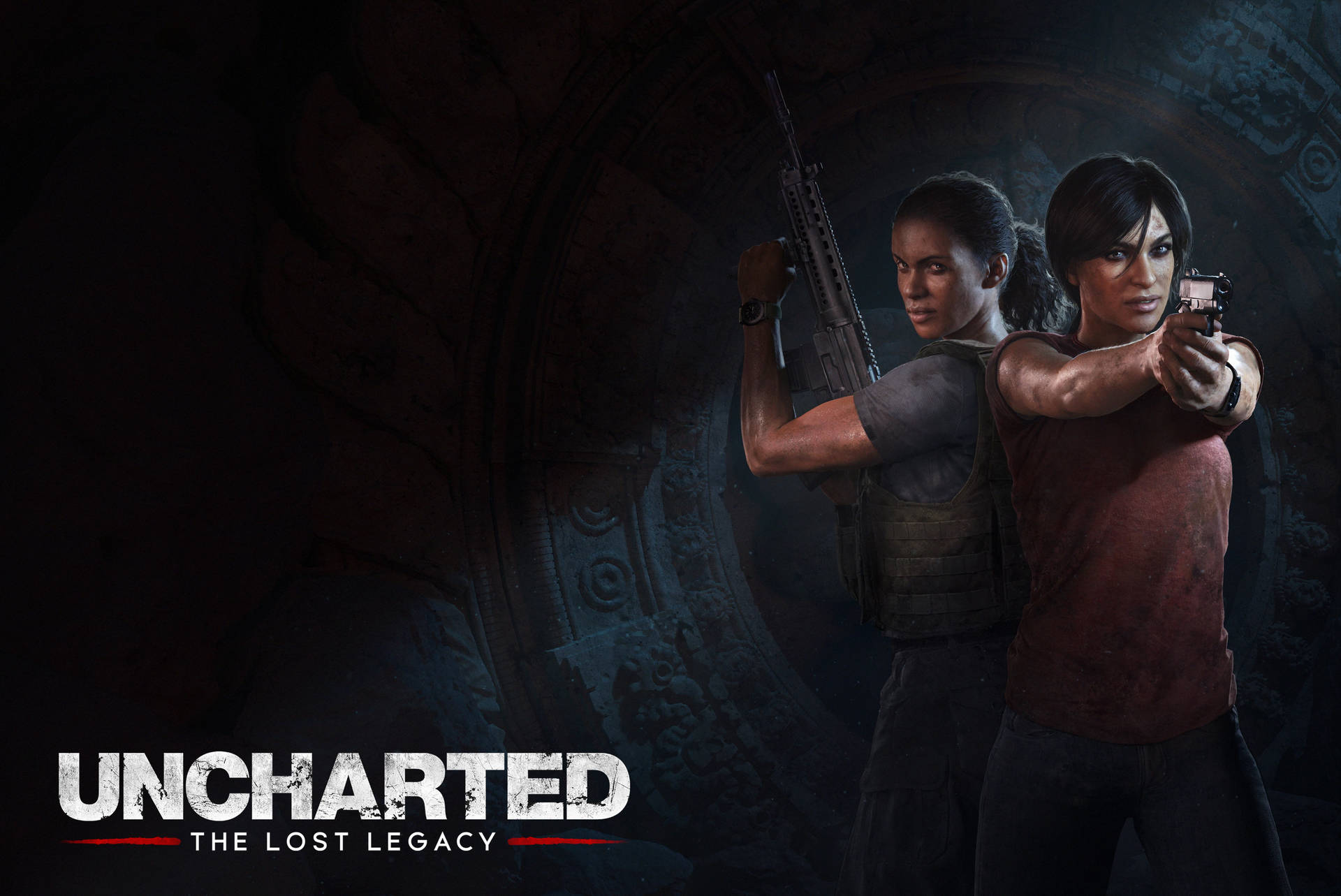 來自《Uncharted The Lost Legacy》的兩名武裝冒險家身處黑暗神廟。 — 8K 遊戲 壁紙