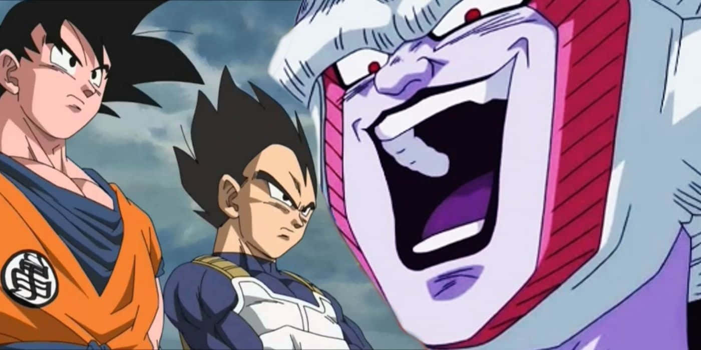 Vegeta And Frieza 桌布 壁紙 — 兩位堅定的動漫戰士在陰雲密佈的天空下，面對一個紫色皮膚、紅色眼睛的巨型大笑反派。