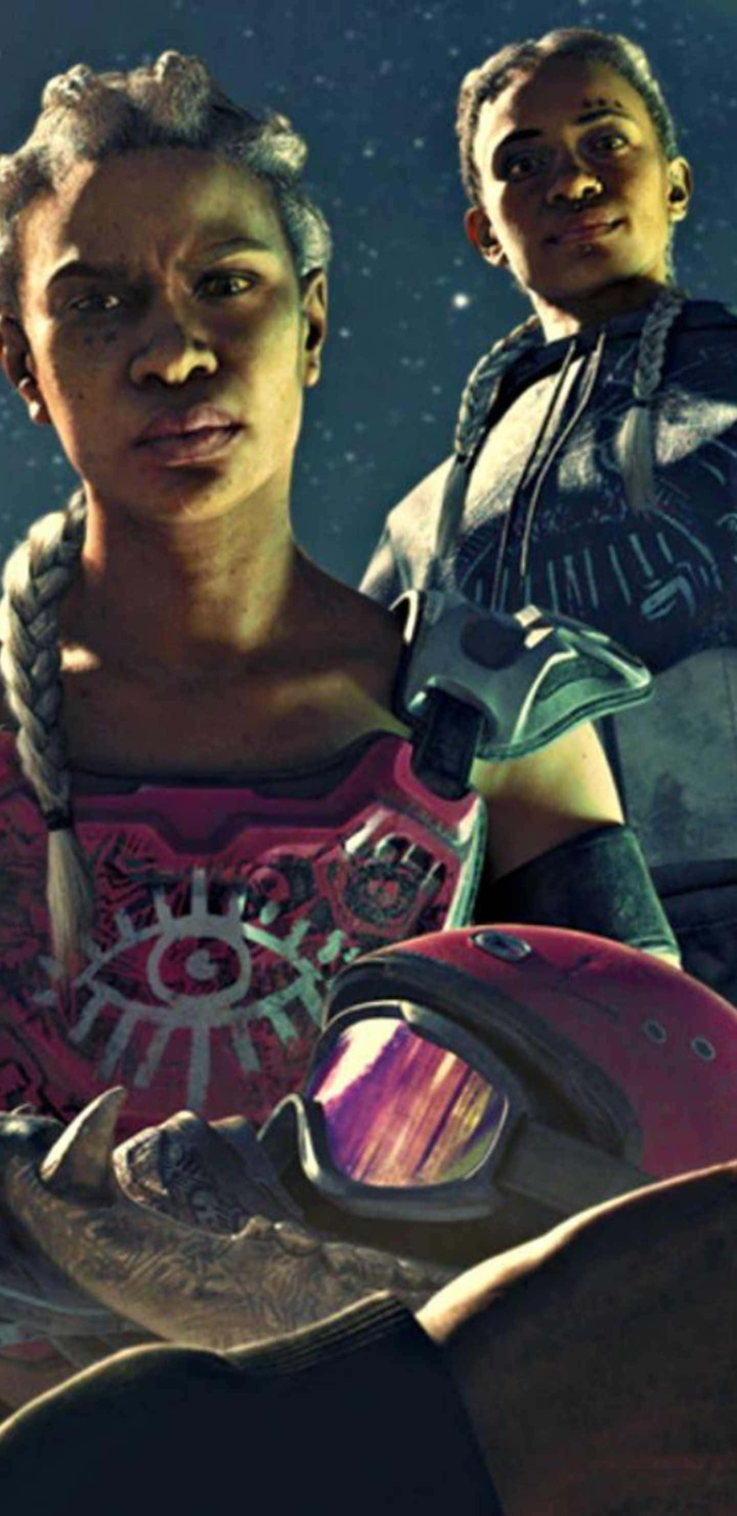 Android Far Cry New Dawn 桌布 壁紙 — 兩位堅定的太空旅行者身穿未來主義盔甲，在繁星點點的宇宙背景下向前凝視，頭盔放在前景。