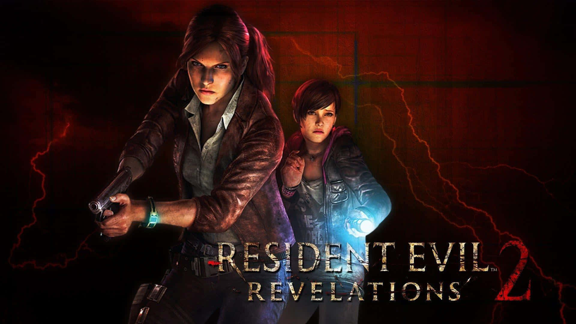 Resident Evil Revelations 2 桌布 壁紙 — 兩位堅定的女性主角在深紅色閃電佈滿的背景中，手持武器準備就緒的恐怖遊戲場景。