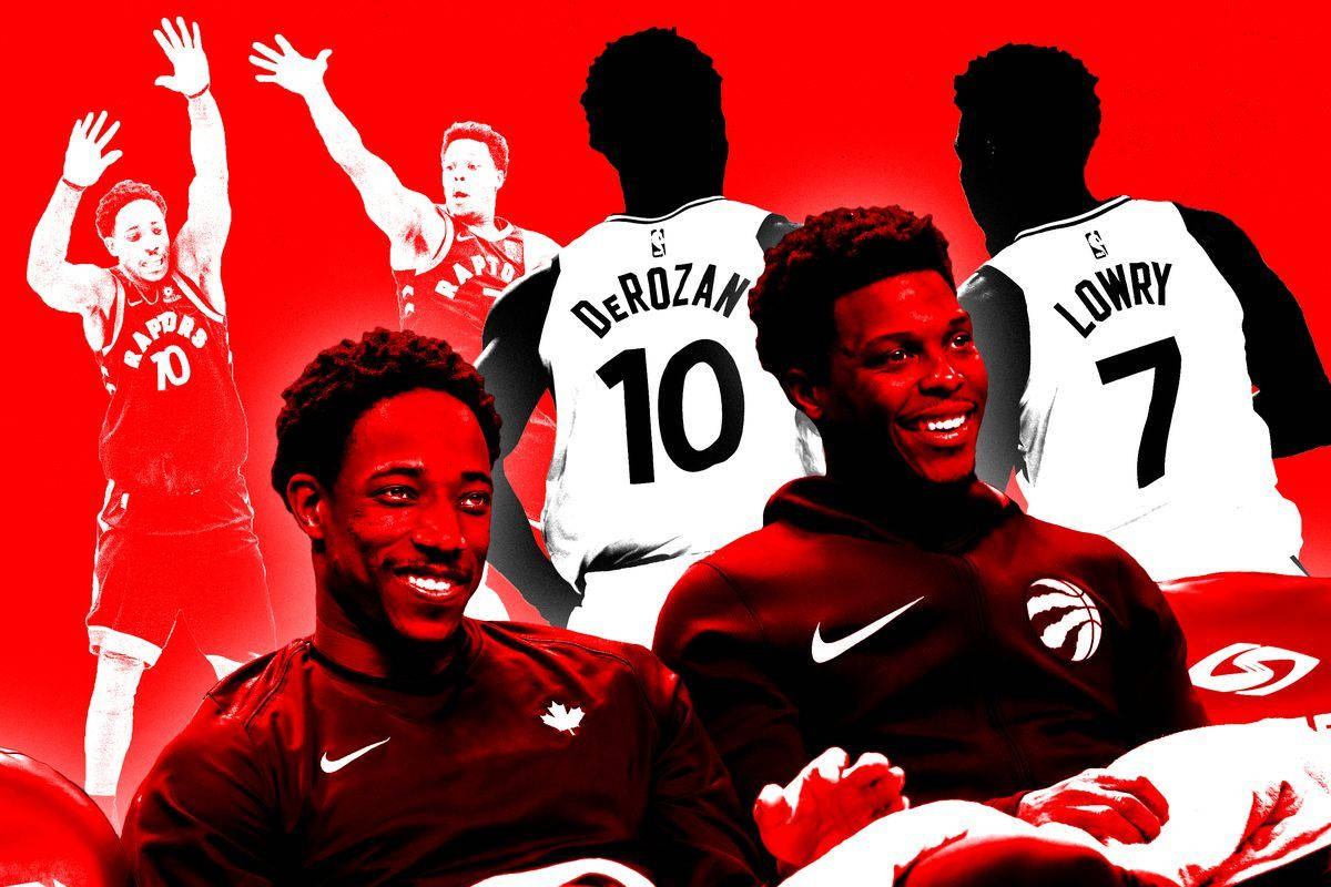Lowry 桌布 壁紙 — 兩位多倫多暴龍隊球員身穿紅色裝備，面帶微笑坐在中央前方，背景為大膽的紅色，並有隊友的剪影呈現動作姿態。