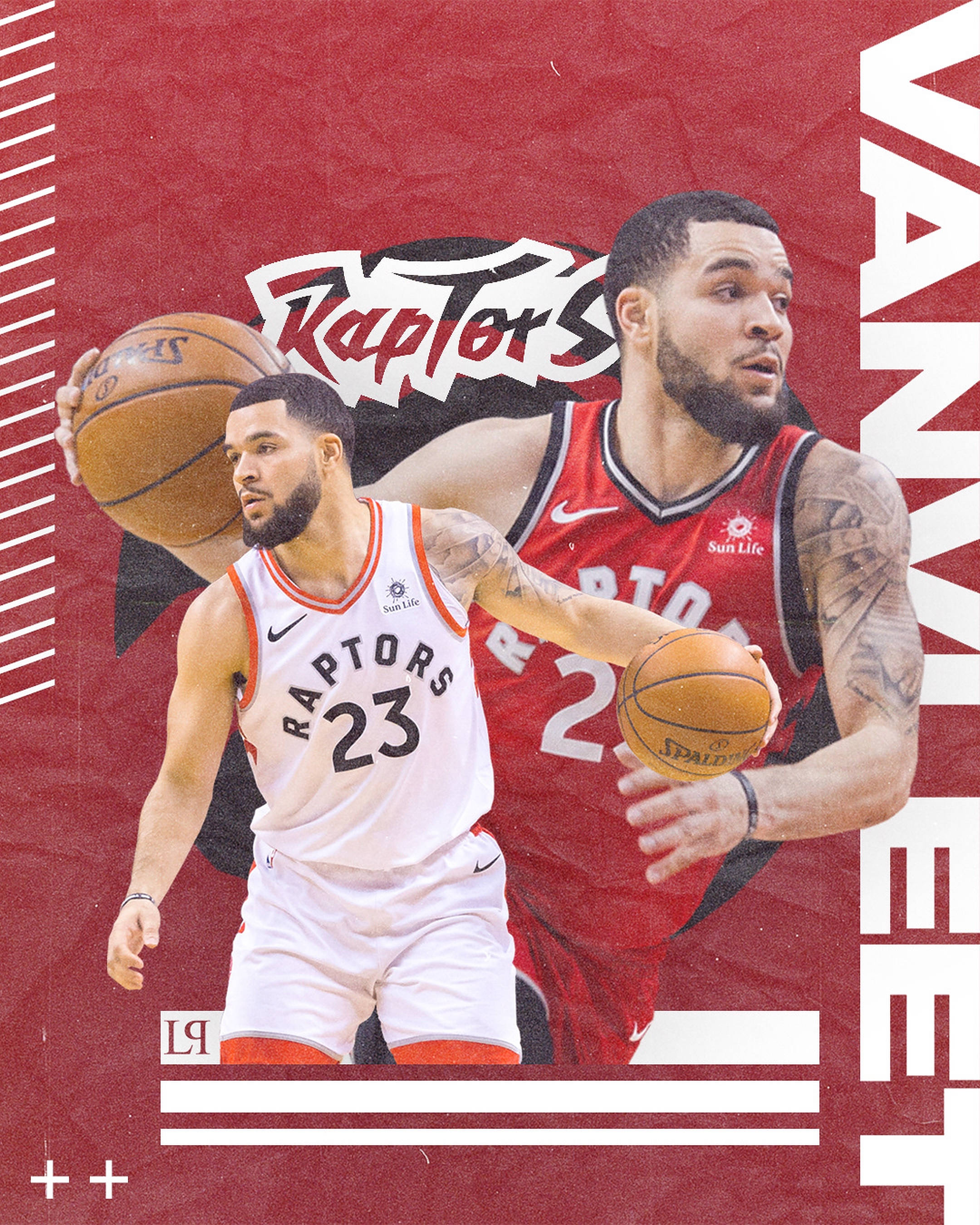 Fred Vanvleet 桌布 壁紙 — 兩位多倫多暴龍隊籃球運動員在帶有球隊品牌標誌的醒目紅色紋理背景上擺出動作姿勢。