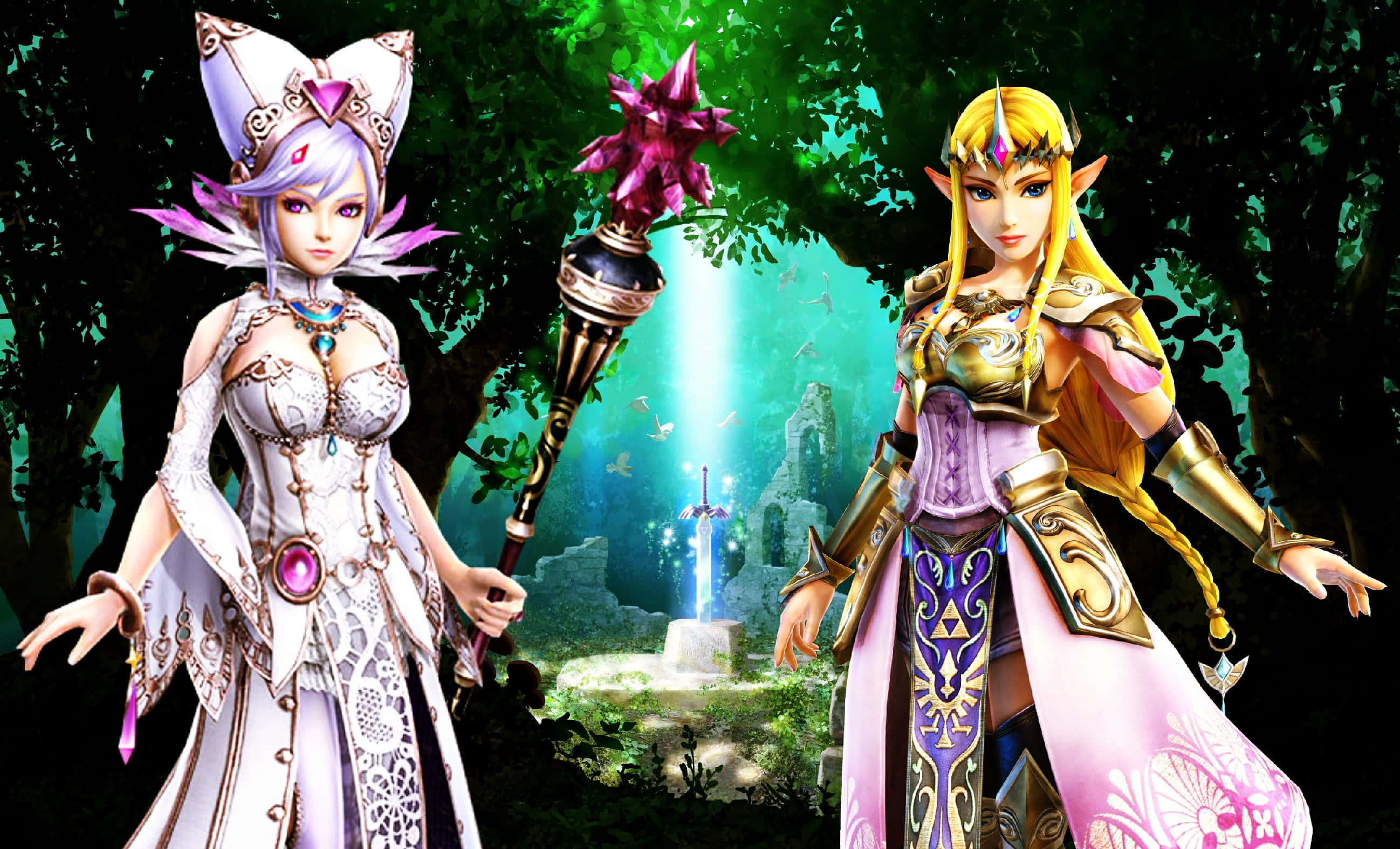 The Legend Of Zelda Hyrule 桌布 壁紙 — 兩位奇幻女英雄站在神秘森林中，手持發光的劍和法杖，周圍是古老的廢墟和充滿活力的綠植。