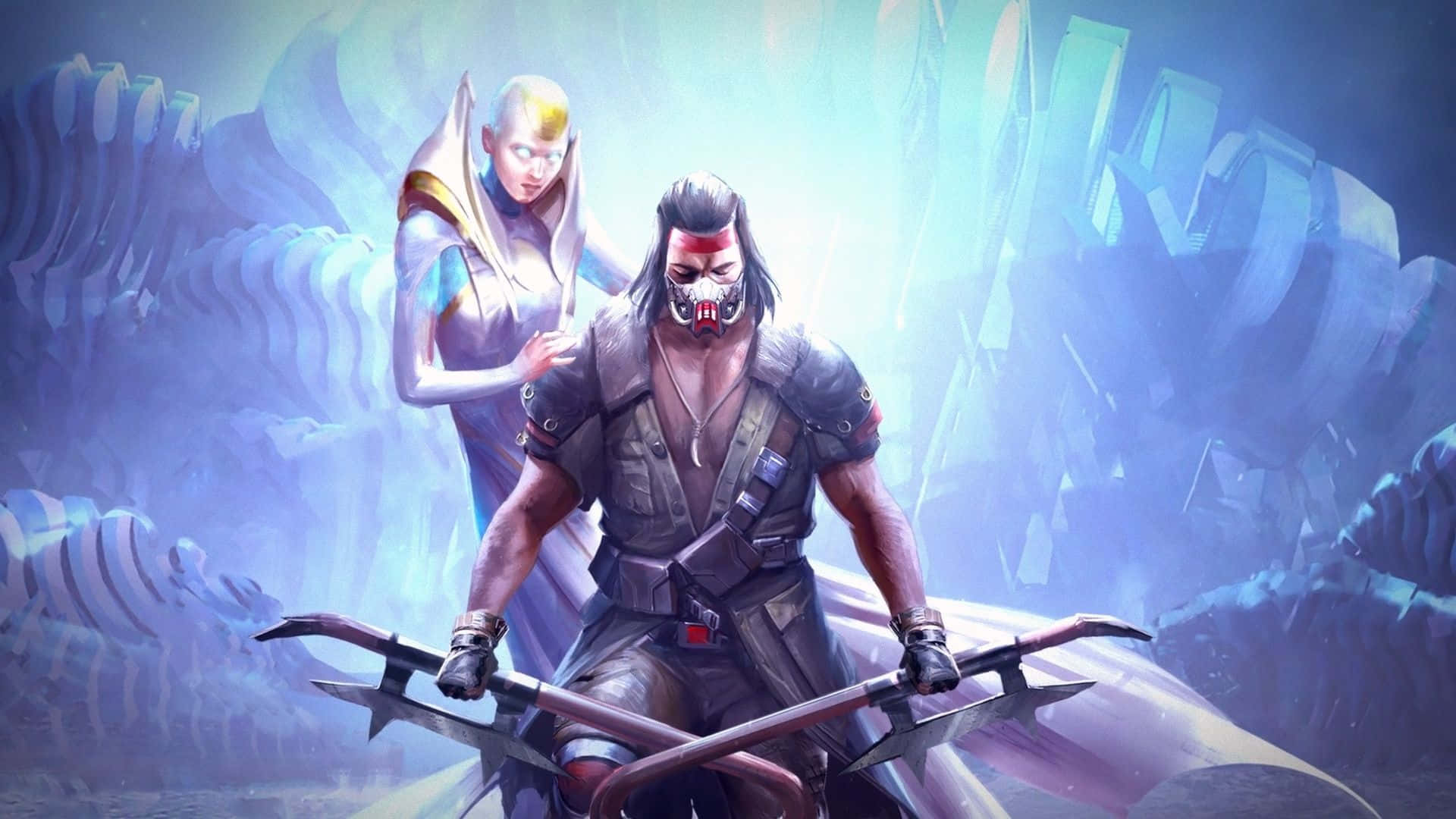 Mortal Kombat Kabal 桌布 壁紙 — 兩位奇幻戰士在一個閃爍著光芒、佈滿鋸齒狀水晶結構的外星景觀中準備就緒。