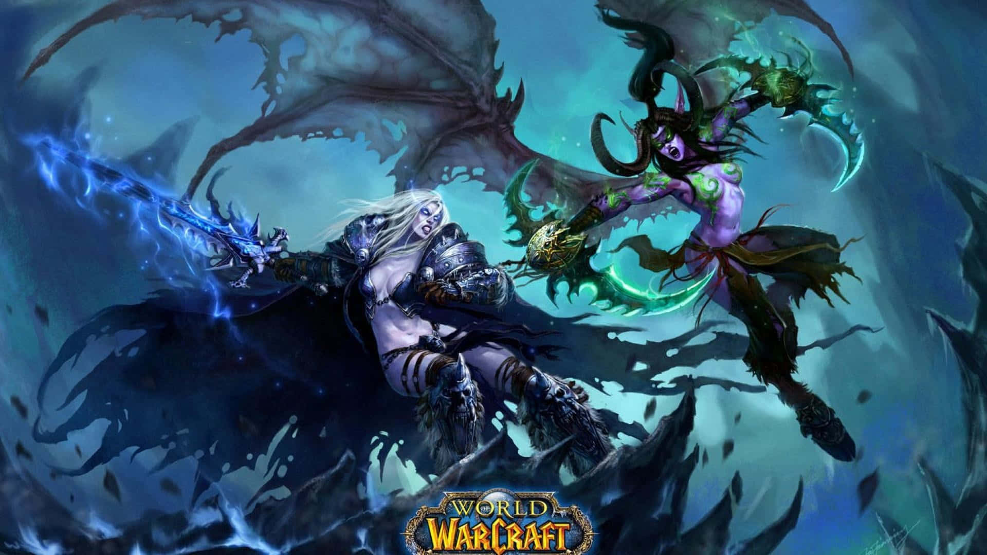 World Of Warcraft 1920x1080 桌布 壁紙 — 兩位奇幻戰士在冰風暴中碰撞，手持發光武器，背生黑色翅膀，背景為藍綠色。